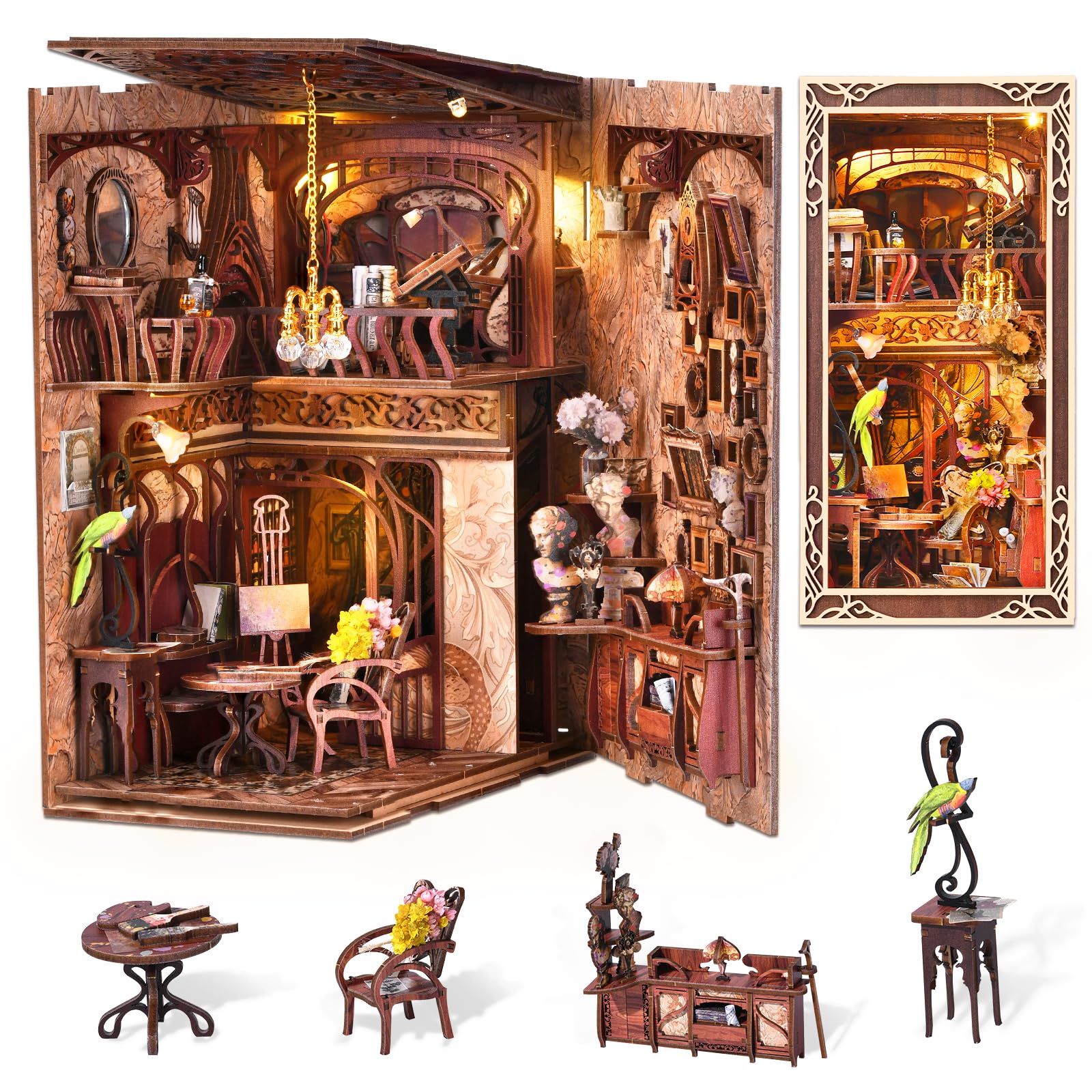 MiniCity Book Nook Kit, Kit casa in miniatura fai da te, 3D Puzzle di legno angolo libro scaffale inserto decorativo Kit modello creatività con luce LED per adulti (Alice in Dreamland)