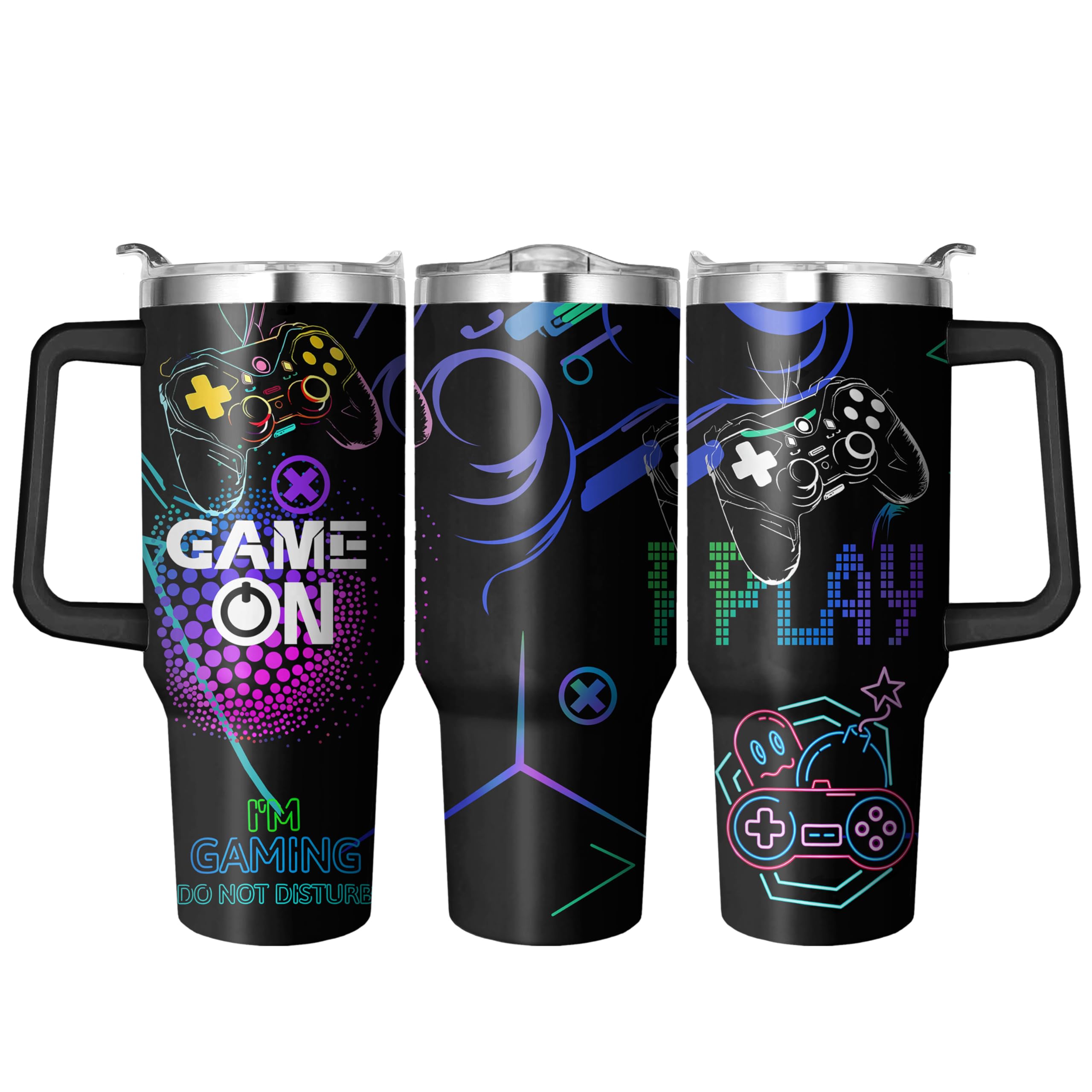 40 Oz Gamer Tumbler with Handle and Straw, Double Wall Coffee Travel Gaming Mug Leak Proof, Stainless Steel Gamer Cup with Handle and Straw, Reusable Insulated Water Bottle 40 Oz Gifts for Boyfriend