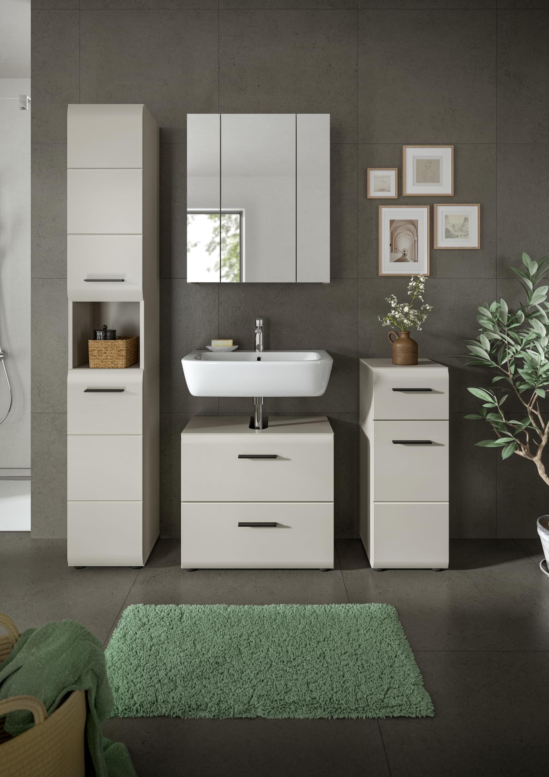xonox.home – Badkombination Ice 150x185x30 cm in Kaschmir Melamin & matt – Breites Stauraumwunder für Moderne Badezimmer – Funktionales Design – Bild 6