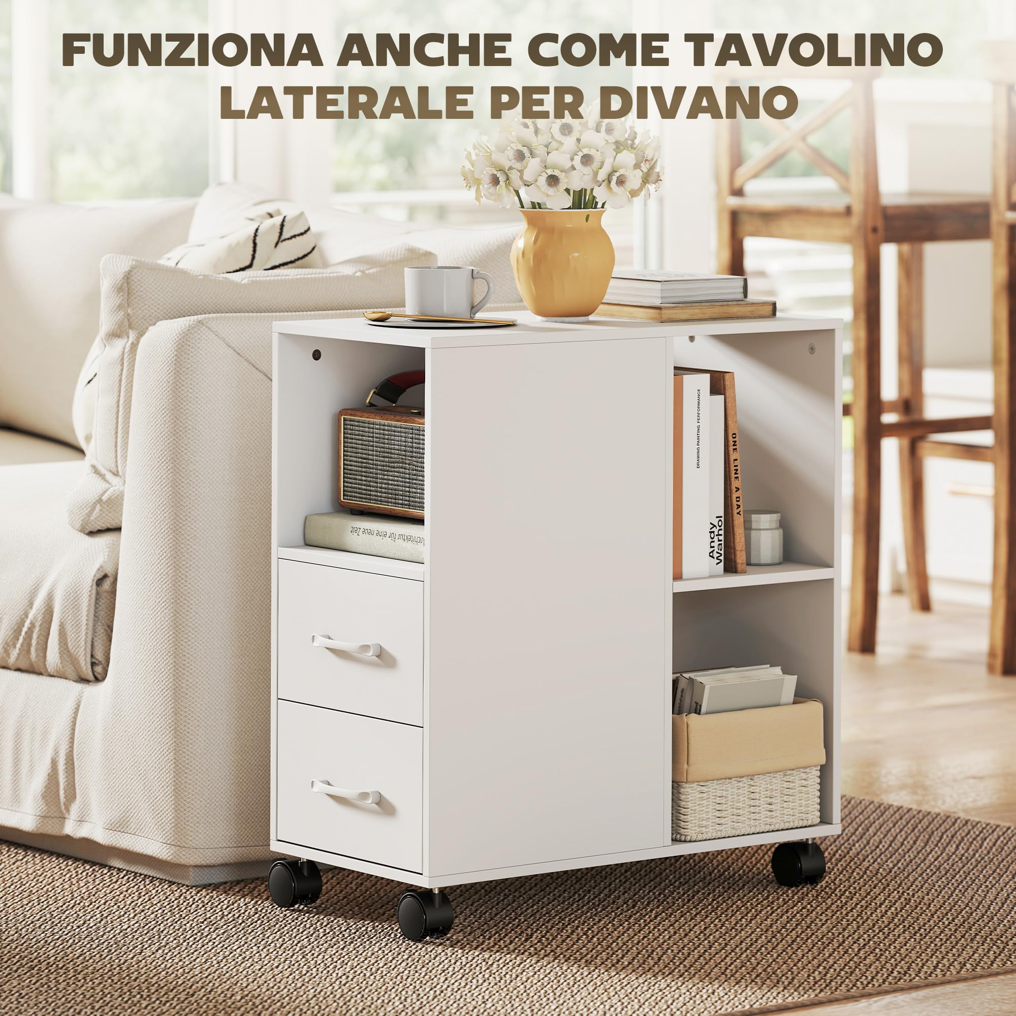 HOMCOM Mobile Porta Stampante a Rotelle con 2 Cassetti, Vano Aperto e Ripiano Regolabile, Mobile Stampante per Documenti da Ufficio e Studio, 60x30x65 cm, Bianco