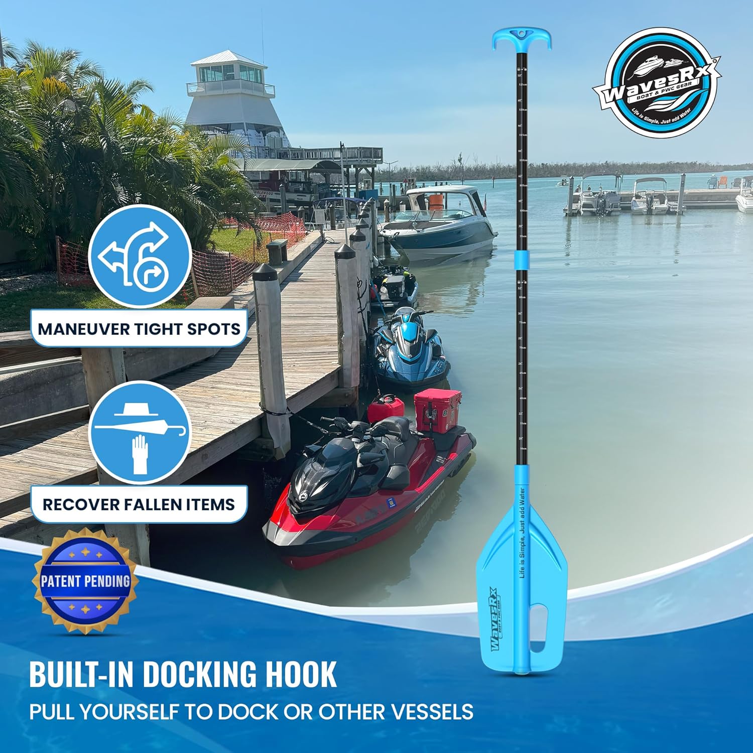 WAVESRX Telescoping Paddle with Docking Hook & Depth Gauge - Adjustable 24" to 54" Collapsible Emergency Oar for Jet Ski, Boat, PWC, Kayak, Canoe, Inflatable Dinghy- Must Have Boating Accessories
