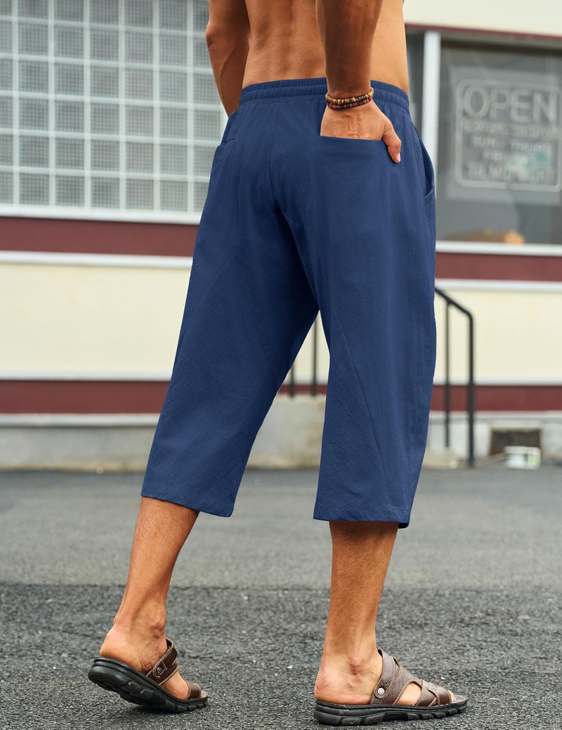 Cotrasen Men's Cotton Linen Capri Pants Loose Fit Elastic Waist Drawstring Baggy Harem Pants Casual Beach Yoga Trousers - Image 4