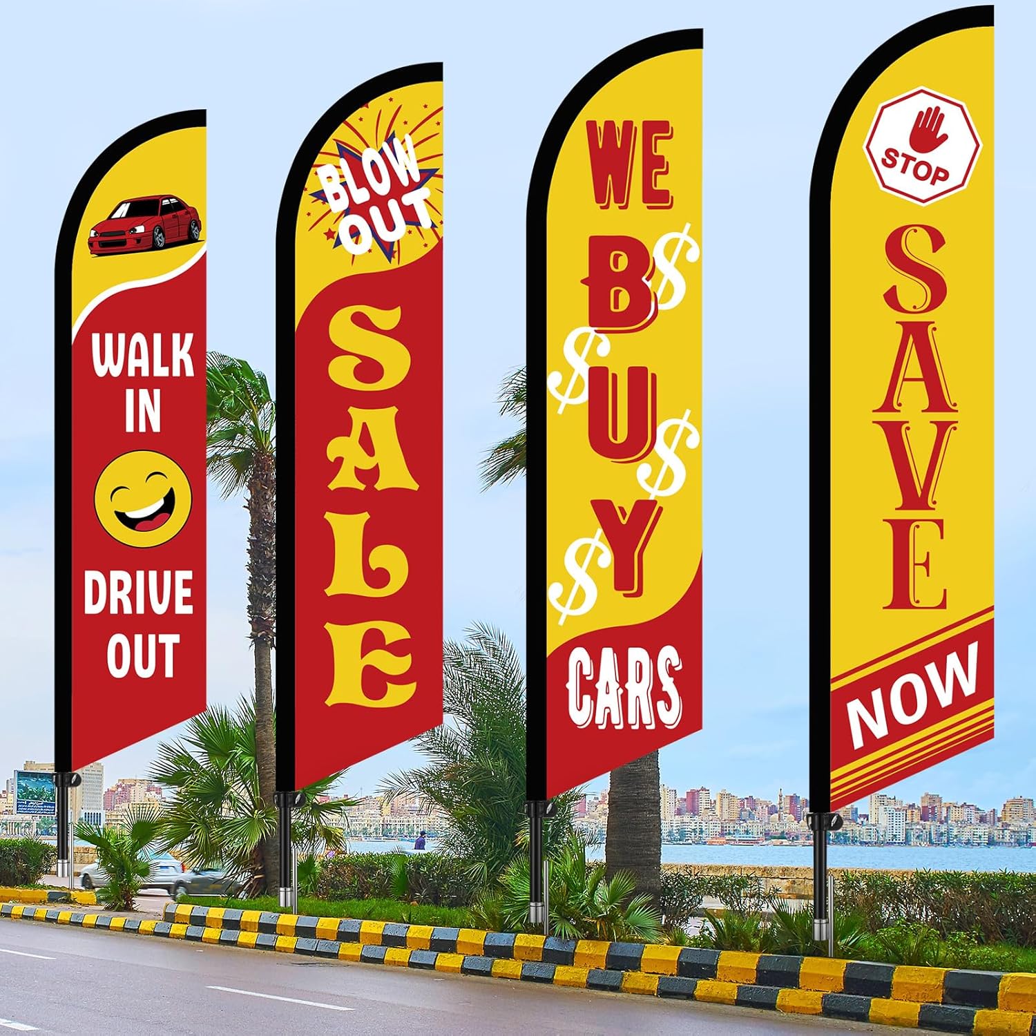 4 Pack Used Cars Flag Windless Swooper Flag 2.5 x 12 ft Auto Dealer Sale Advertising Supplies, Walk in Drive Out, Blow out Sale, Stop Save Now, We Buy Cars - Image 4