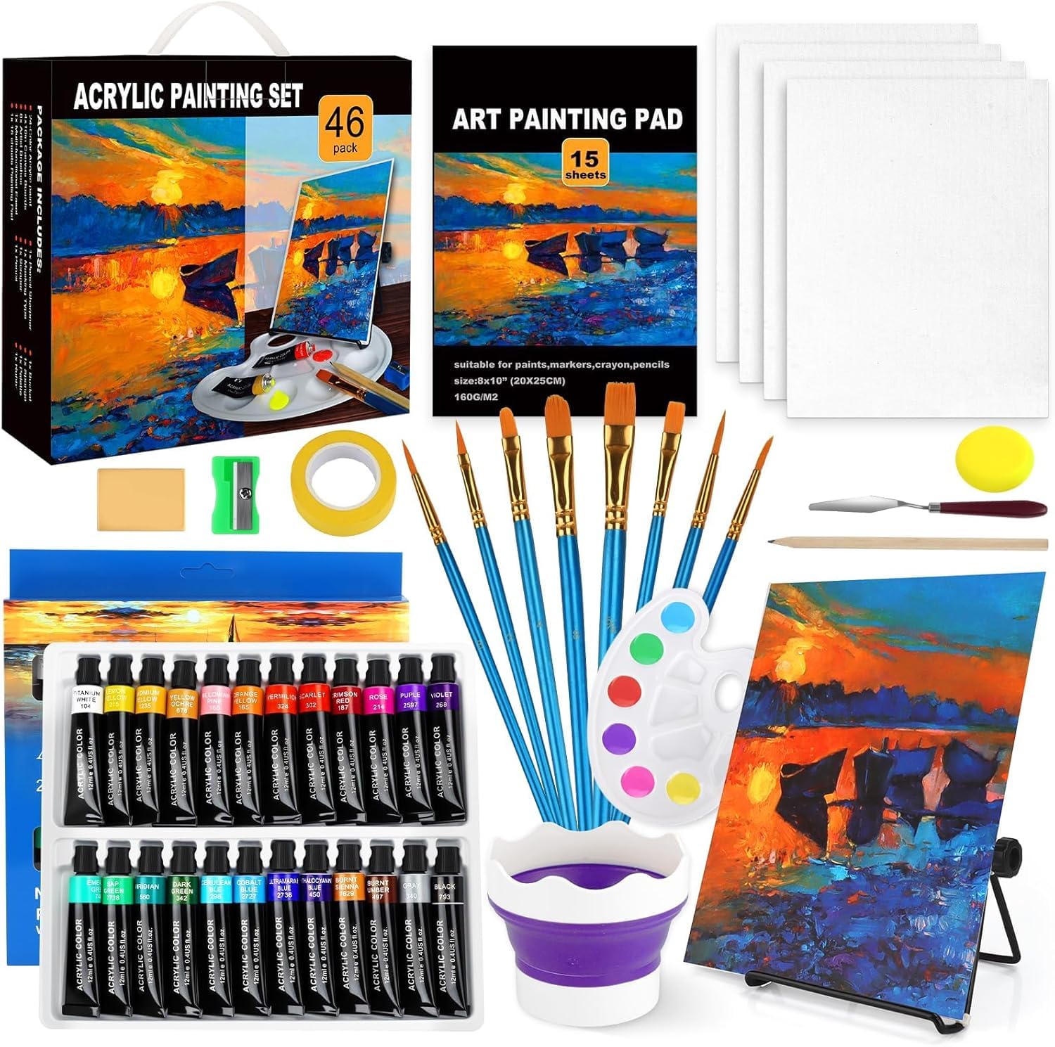 Kit de Peinture Acrylique,Chevalet Peinture Acrylique,24 Peinture,4 Panneaux de toile,8 Pinceaux,Palette,Spatul,Toile,Chevalet,Kit de Peinture pour Artistes,Débutants