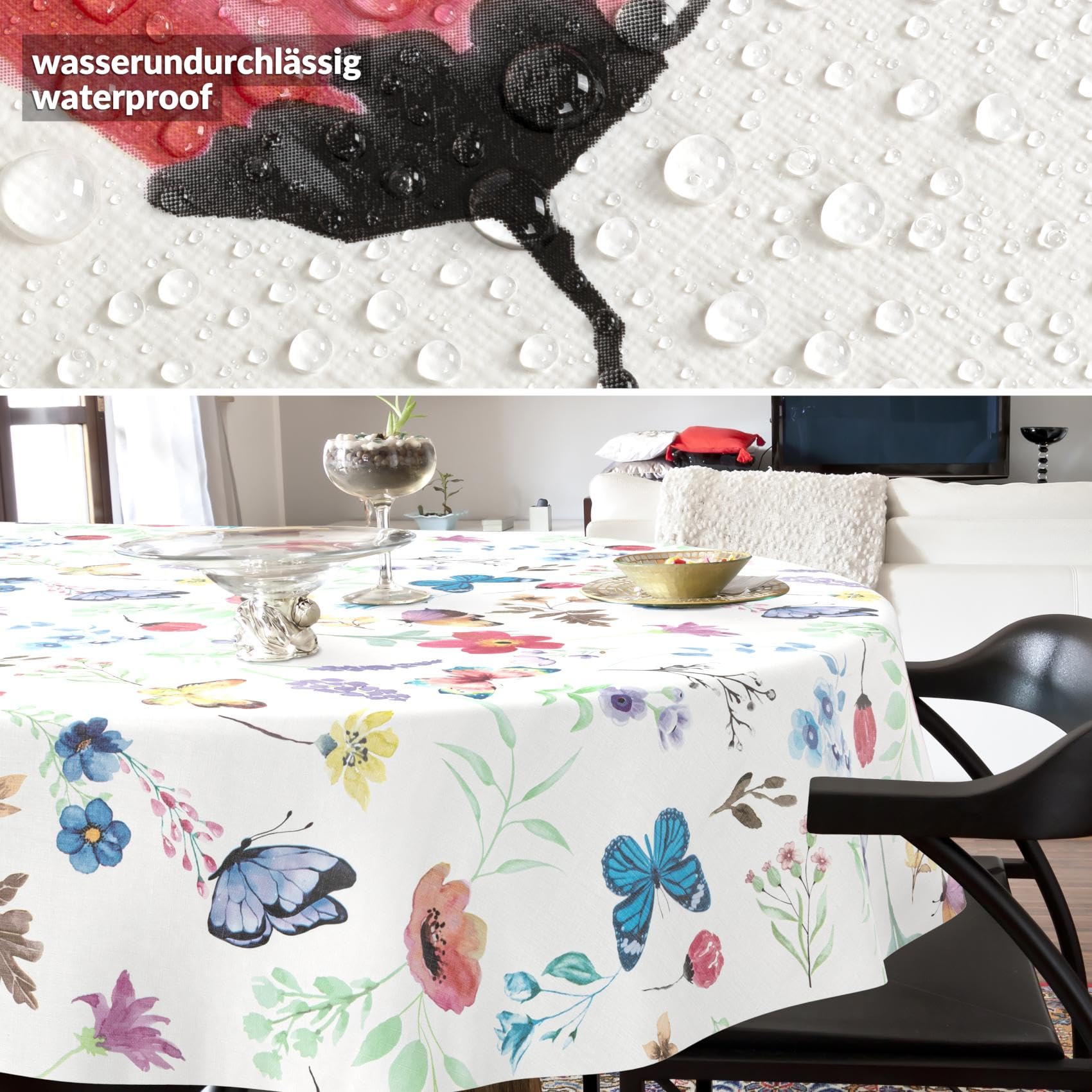 Nappe en toile cirée lavable, facile d'entretien, imperméable, effet lotus, nappe de jardin, motif papillons, ovale, 200 x 140 cm, bord coupé