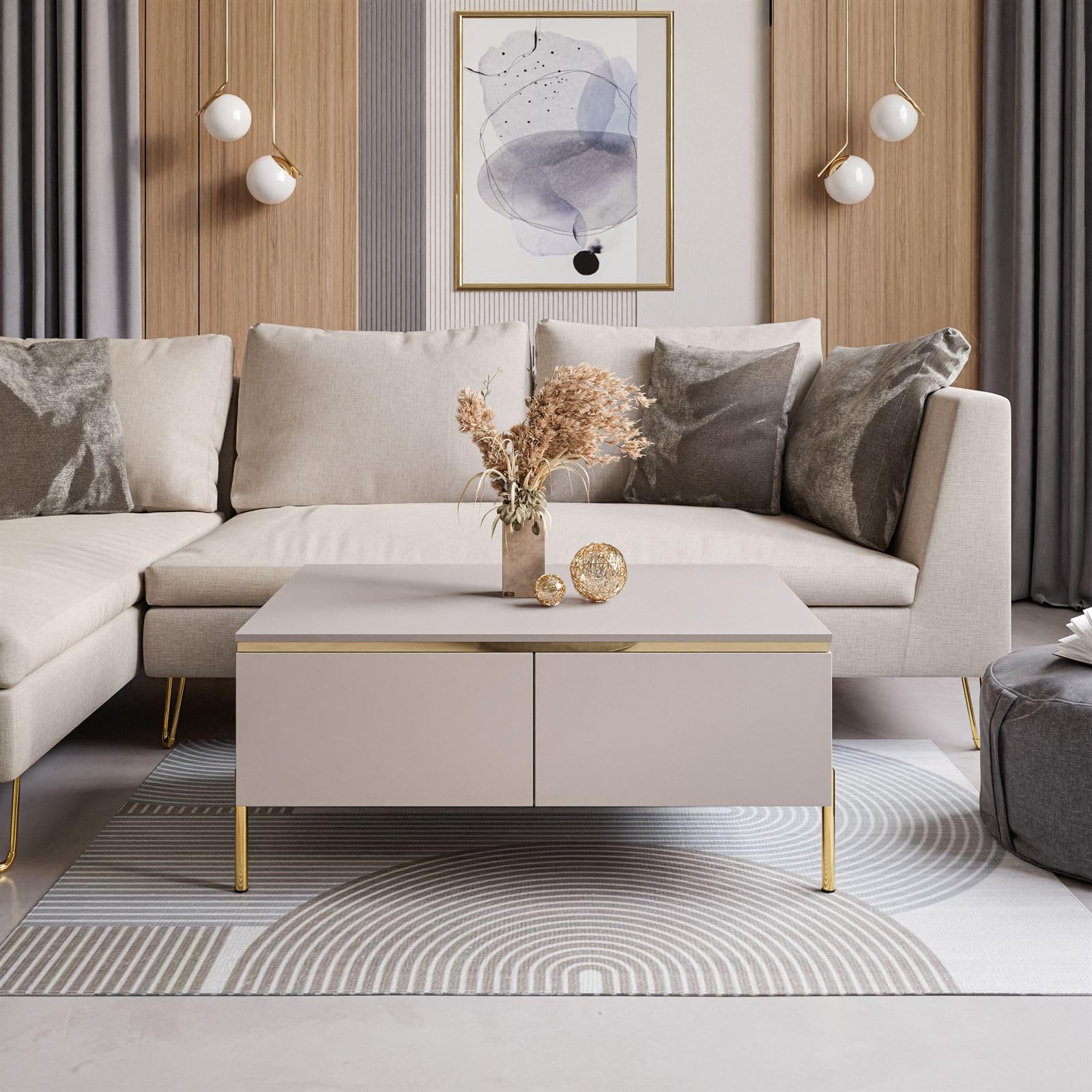Lookway Couchtisch Aurora Kaschmir Matt mit Stauraum, auf goldenen Füßen und Goldener Dekorleiste – Modernes Wohnzimmermöbel (gerade Gold Chrom)