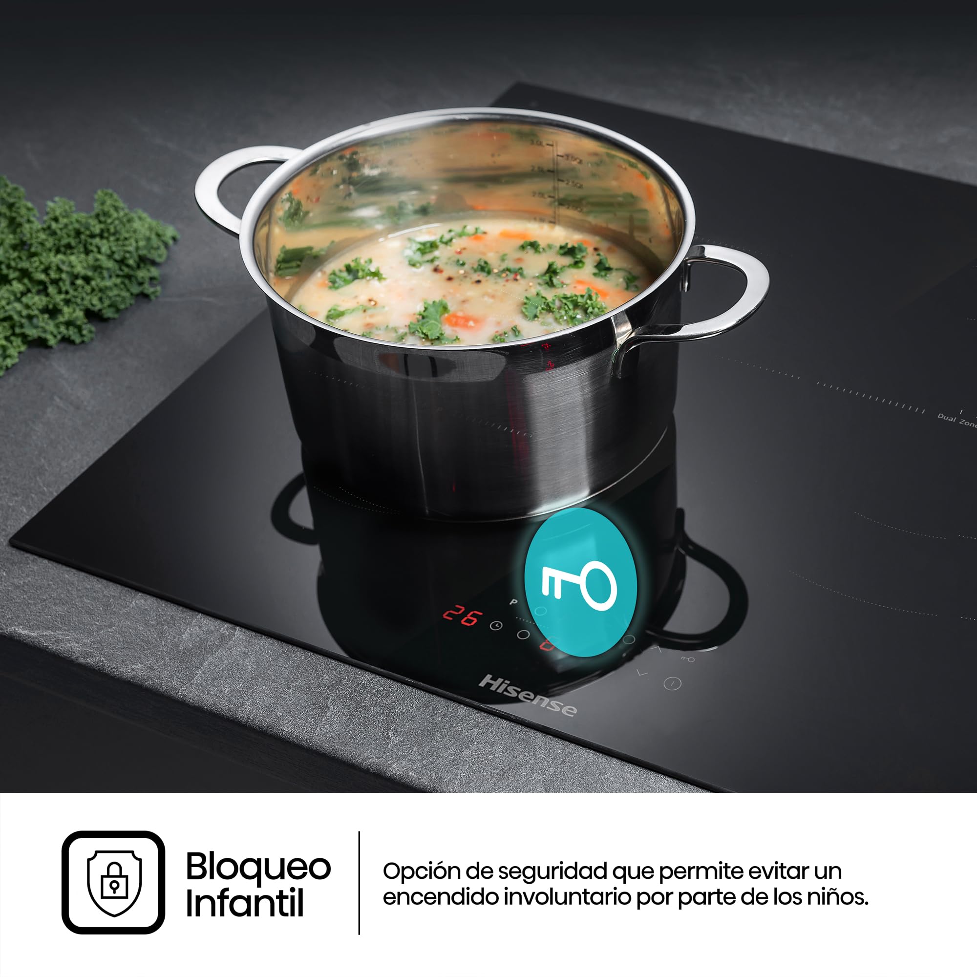 Hisense HI6321BSOLCE - Placa Inducción 3 zonas, 1 con foco gigante 32 cm, 2 conectadas entre si área Bridge, encimera de 60 cm, bloqueo infantil y terminación biselada