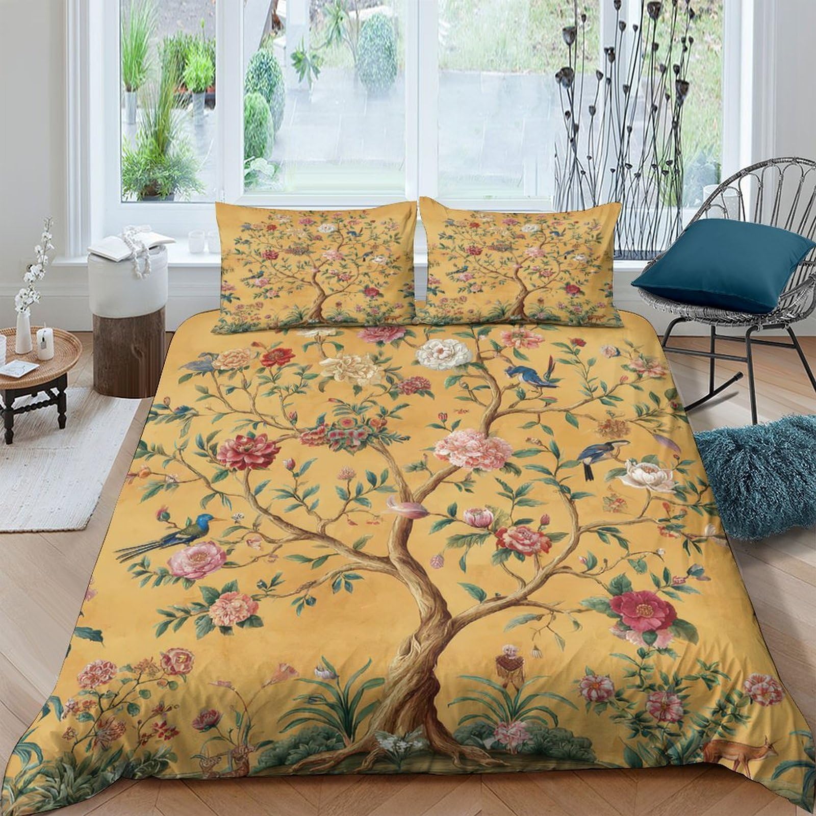 Ctjqhvkz Style-4 3D Printed Yellow Floral Tree Fitted Sheet Microfiber Soft Botanical Bird Mattress Cover Bedroom Decor Easy Care Single（135X200cm）