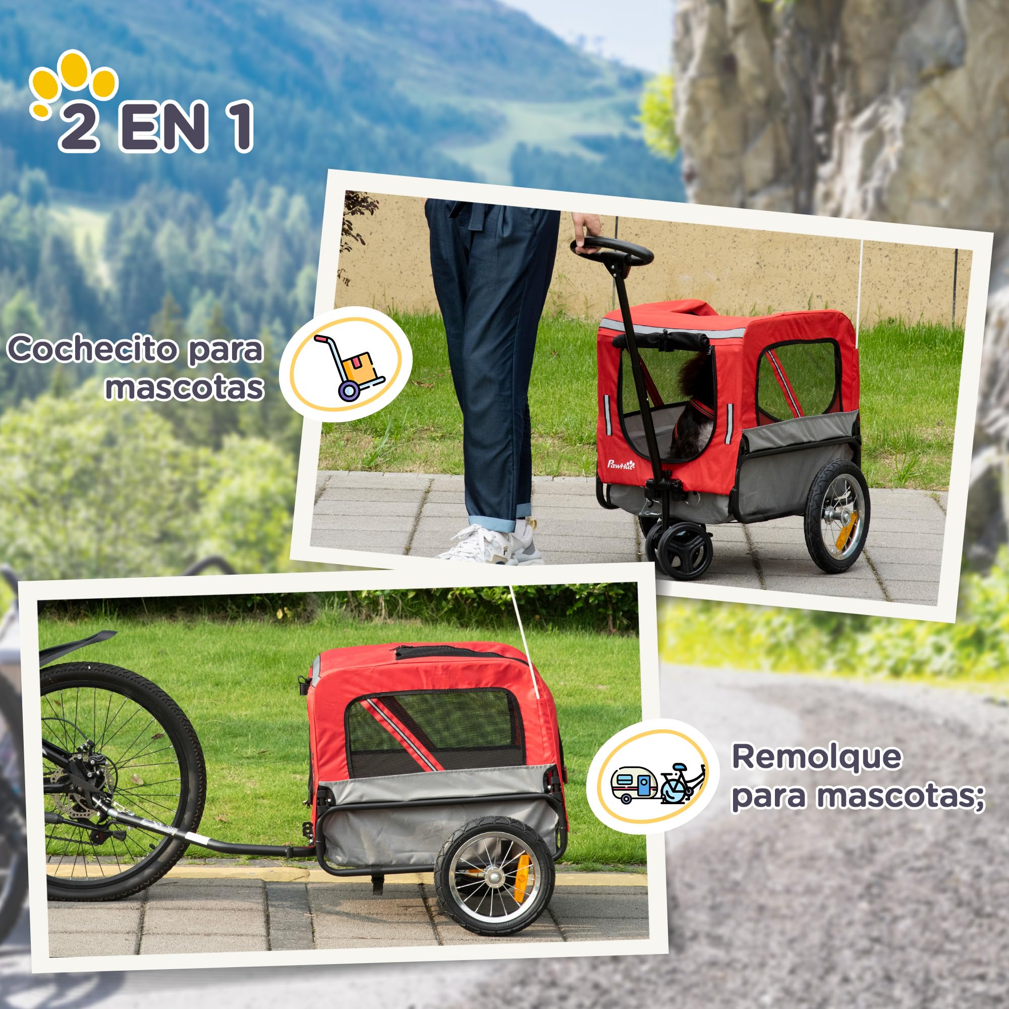 PawHut Remolque de Bicicleta para Perros 2 en 1 Carrito para Perros de Acero con Cinturón de Seguridad Mango de Empuje Extraíble Bandera y Reflectores Carga Máx. 30 kg 129x55,5x92 cm