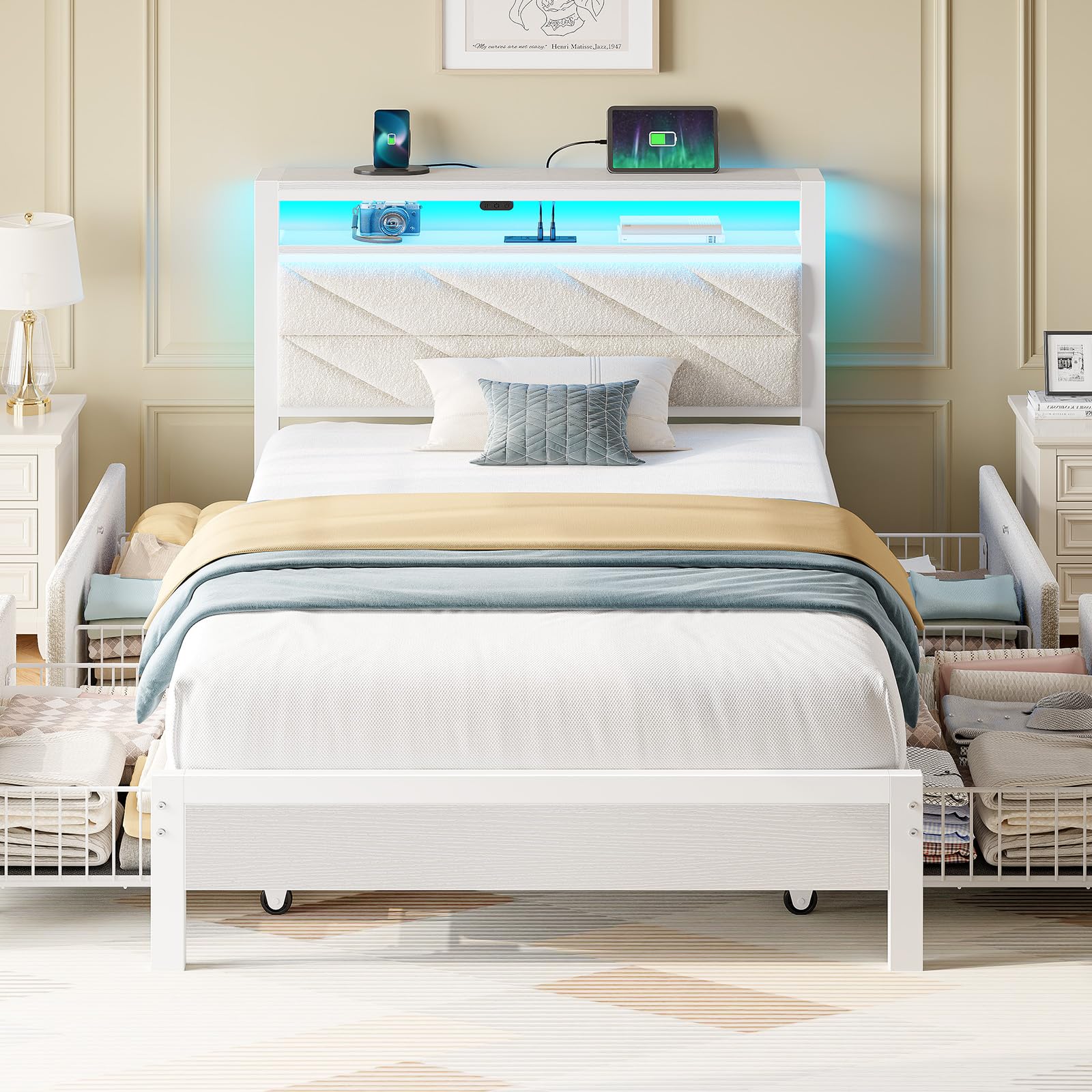 Photo 1 of Seventable Twin Bed Frame with 4 Storage Drawers, Charging Station & LED Lights, Upholstered Headboard with 2-Tier Shelves, Metal Platform Bed, No Box Spring Needed, Noise-Free, White