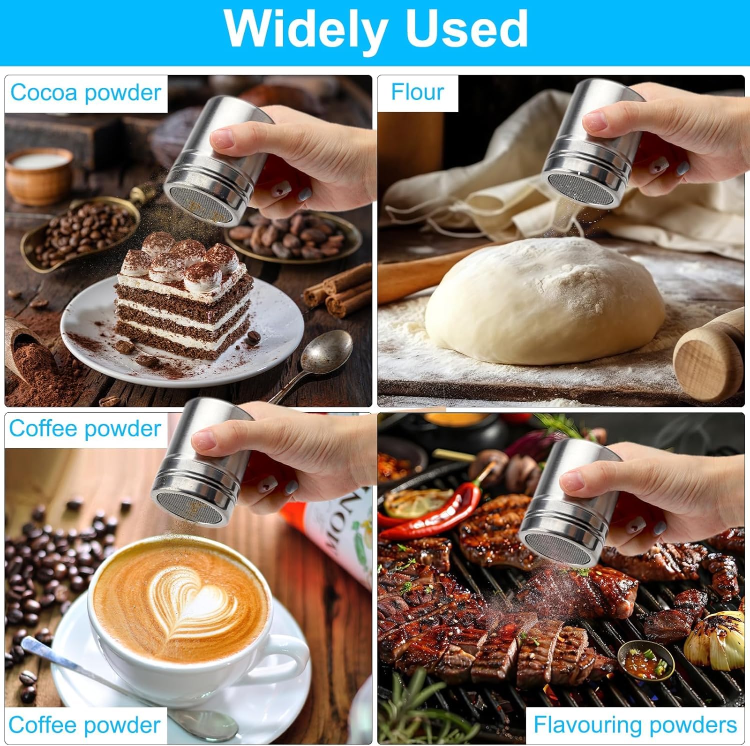 2 sztuki cukierniczek puder ze stali nierdzewnej z pokrywką – kakao do cappuccino, cukierniczki i przypraw z drobnym sitkiem do kakao, cynamonu, cukru pudru, mąki, kawy, czekolady, deserów