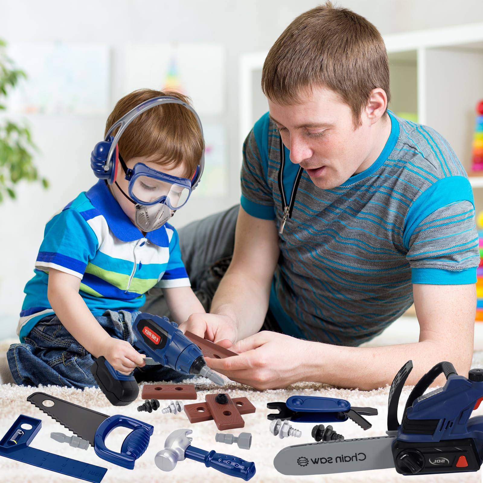 Boîte à Outils 25 Pièces Pour Enfants 3+ Ans - Perceuse Électrique Sonore, Marteau, Scie, Casque - Jouet Construction & Rôle