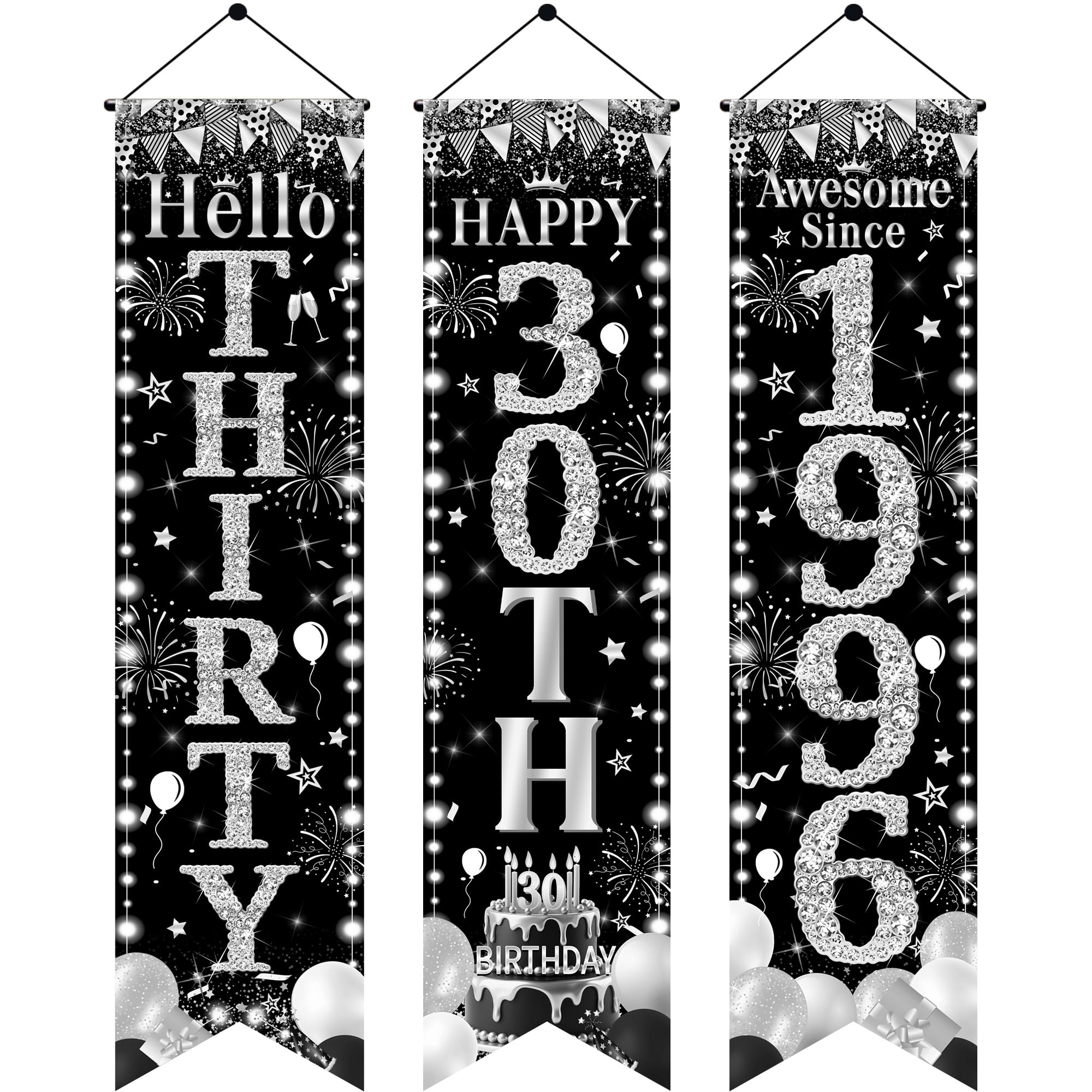 30th Birthday Door Banner Decorations - Black Silver Hello Thirty Porch Signs 3.9x0.9ft, 3Pcs Cheers to 30 Years Awesome Since 1996 Hanging Banners for 30th Birthday Party Decor