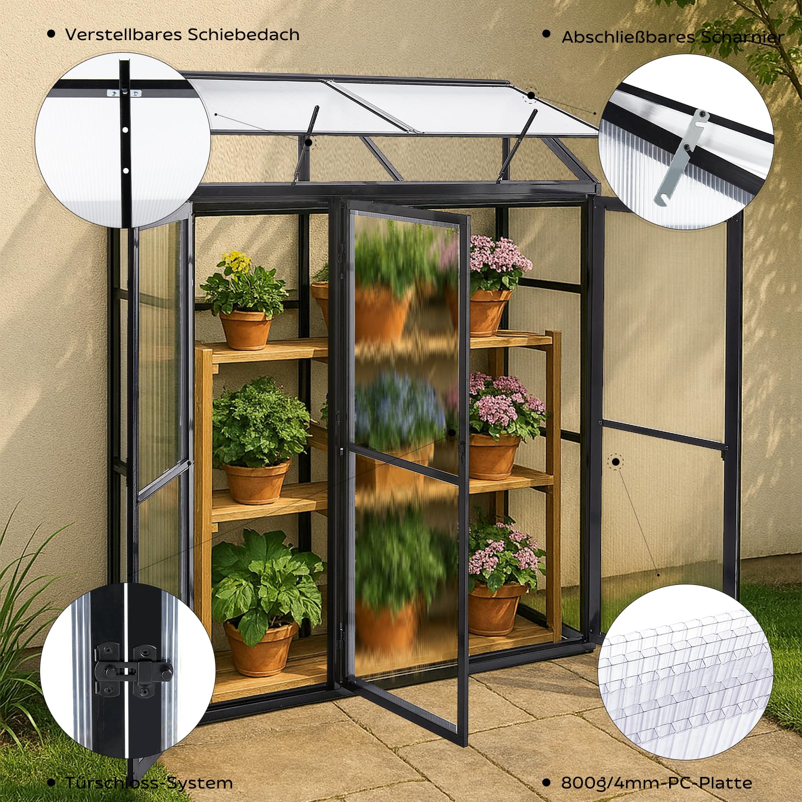 Aluminium Anlehngewächshaus Beistell Tomatengewächshaus klein Gewächshaus Dreitürig Treibhaus 190x55X180 cm schwarz