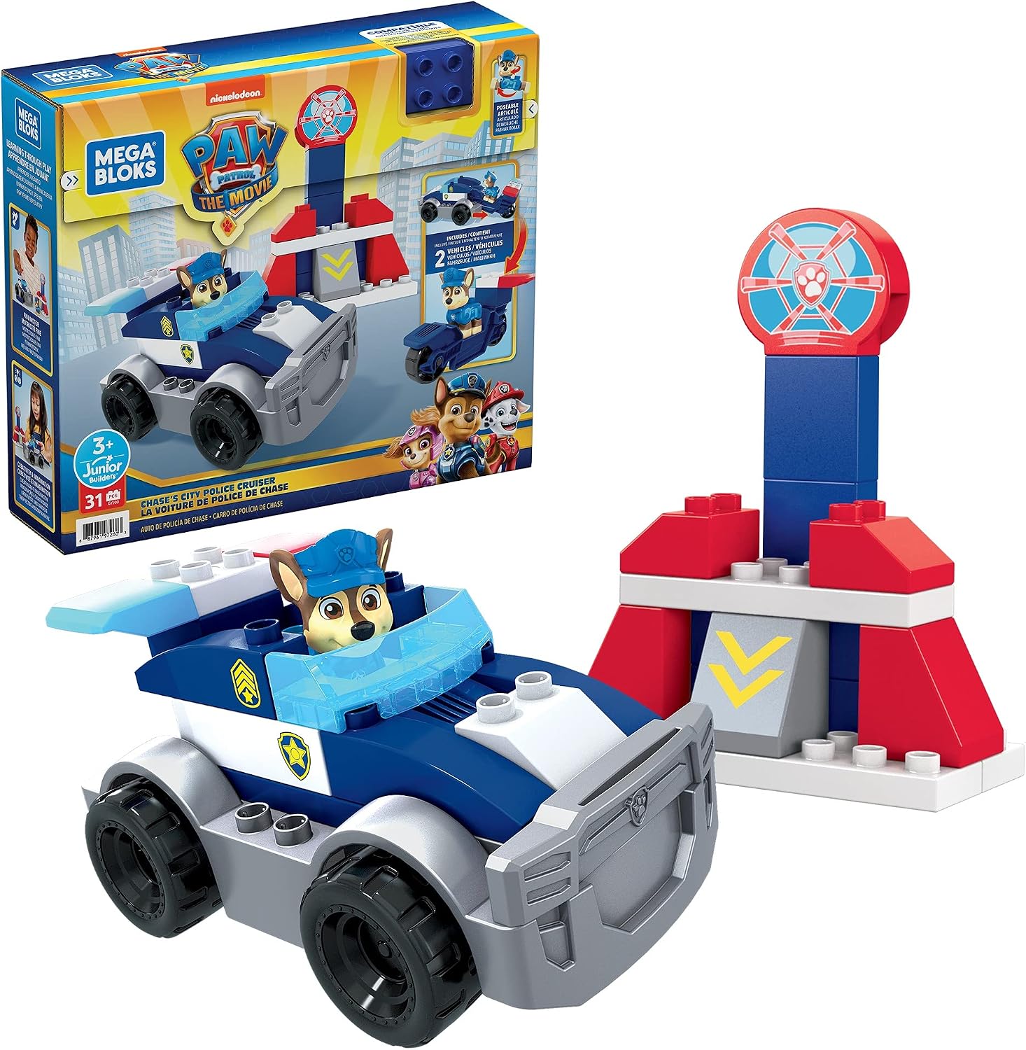 Mattel Mega Bloks PAW Patrol Chase's City Police Cruiser, 1 Poseable Chase Figure, 30 Mini Building Blocks