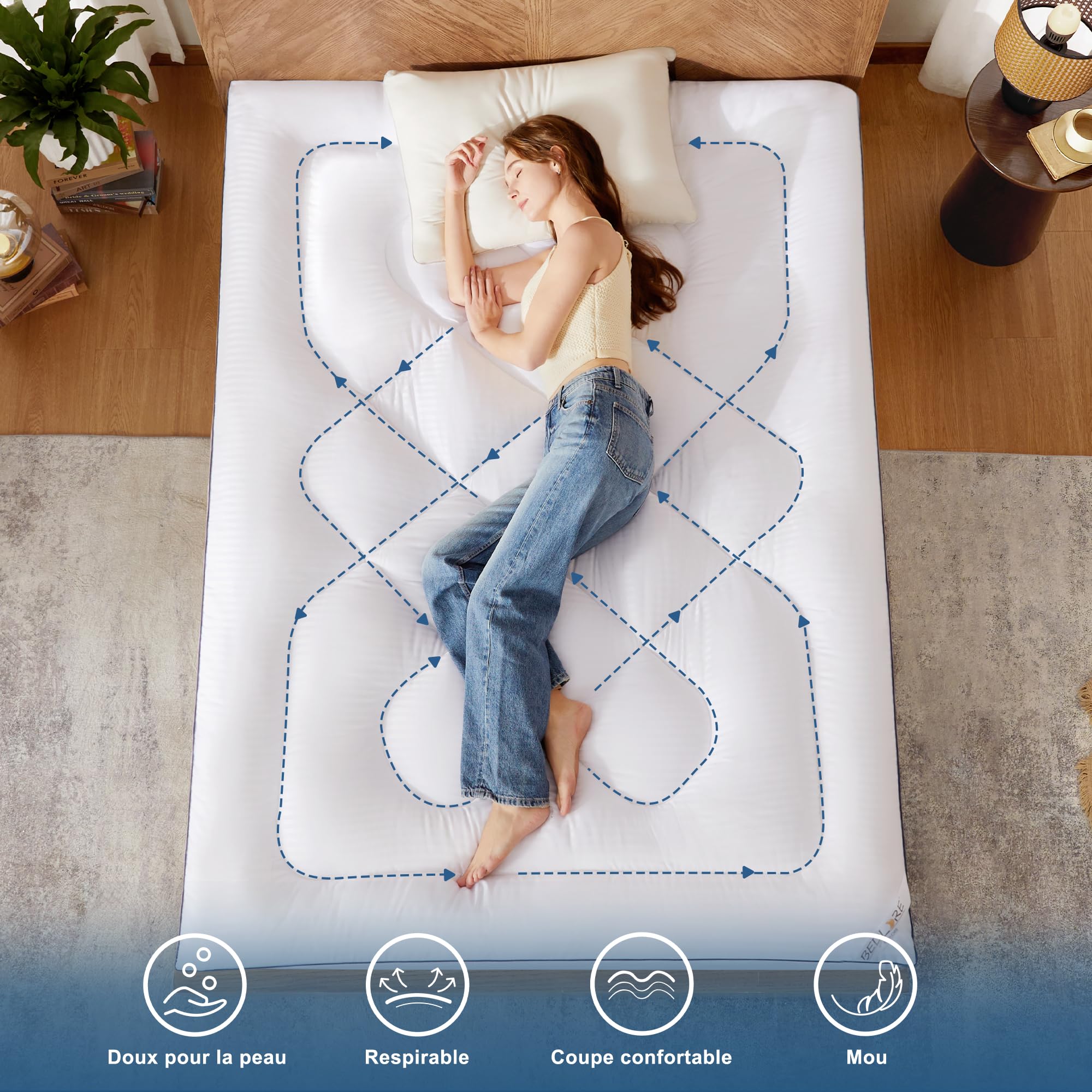 BEDLORE Surmatelas 160x200 cm Matelassé, sur-Matelas Doux et Respirant, Certifié Oeko-TEX, Mattress Topper pour Bonnet jusqu'à 40 cm avec Élasticité Tout Autour, Blanc