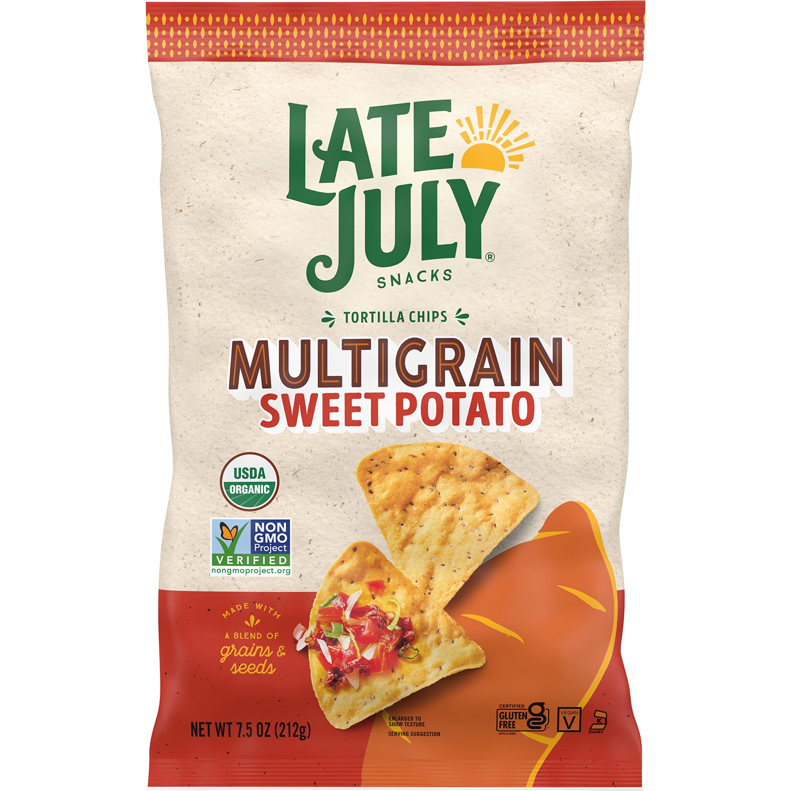 Photo 1 of *EXP: 8/5/2023* 12 PACK Late July Snacks, Organic Multigrain Sweet Potato Tortilla Chips, 7.5-oz. Bag