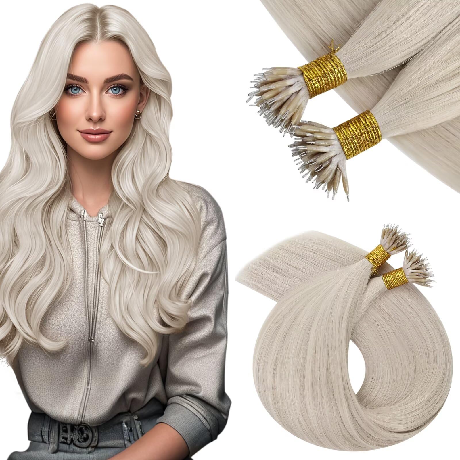 Vivien Blonde Nano Hair Extensions Human Hair Platinum Blonde Nano Tip Hair Extensions Human Hair Remy Hair for Women 18 Inch 50G/50S