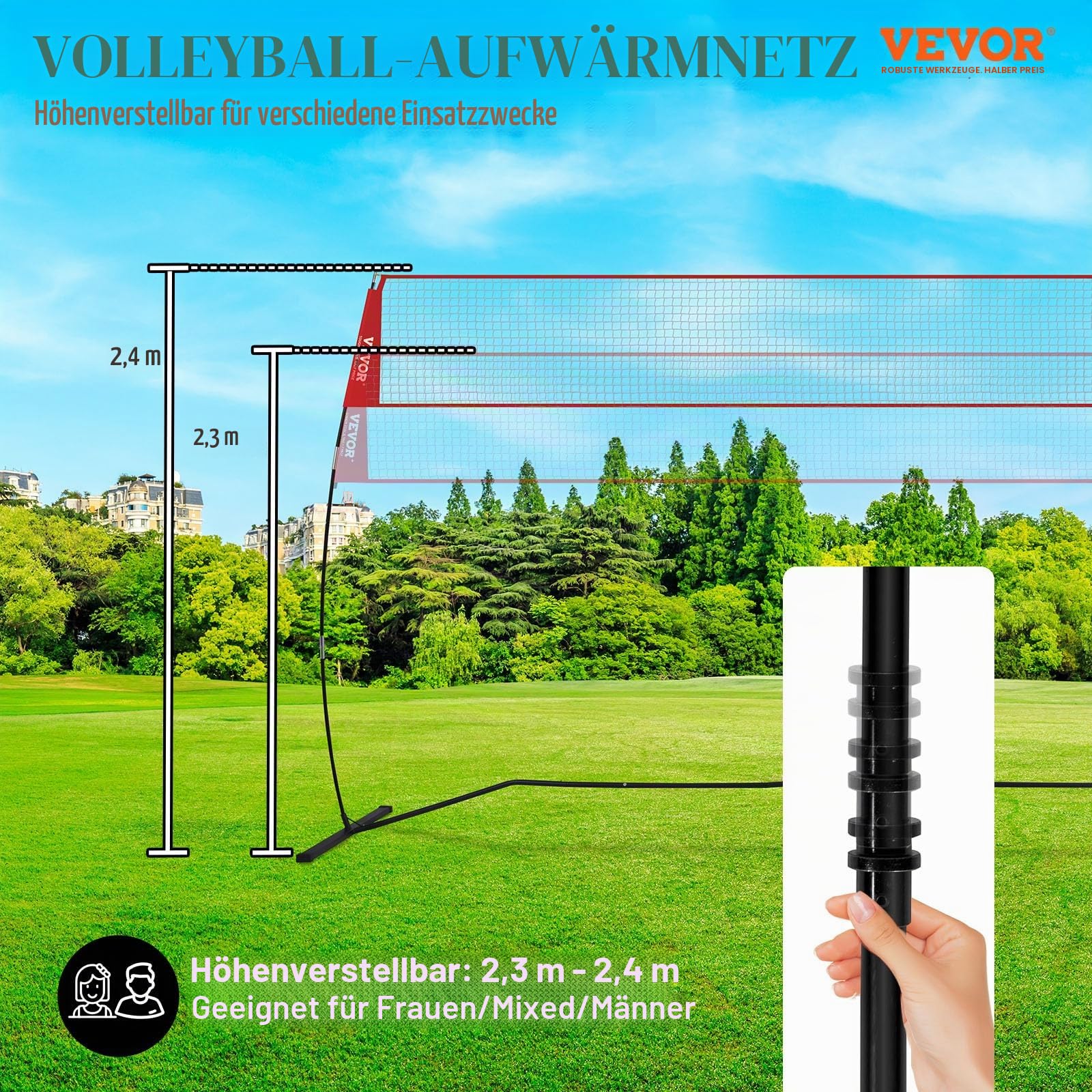 VEVOR Volleyballnetz Höhenverstellbar 4,3 x 2,3-2,4 m Tragbarer Beachvolleyball-Netz mit Volleyball & Tragetasche