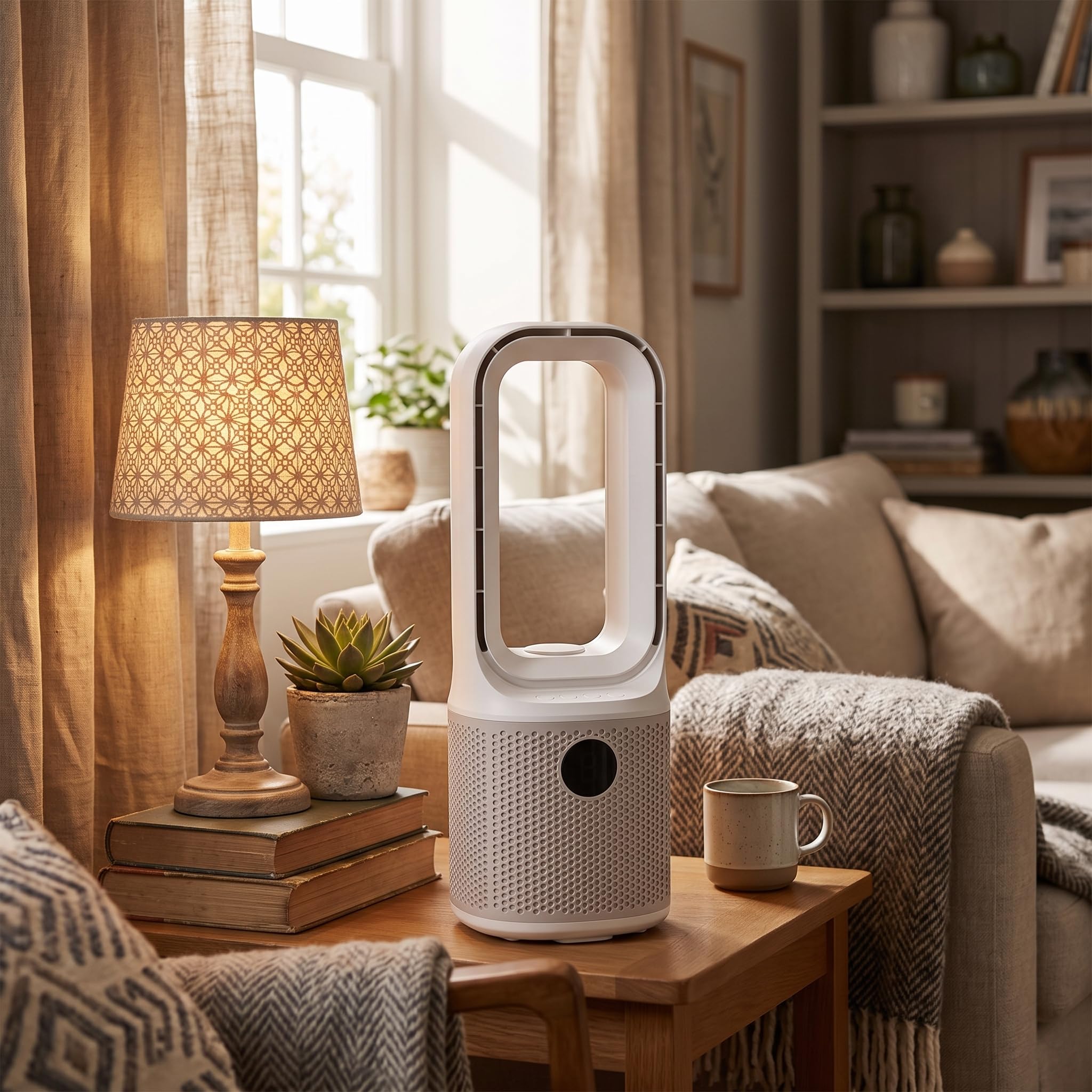 Pissente Rotorloser Ventilator mit Luftreiniger, Turbinentechnologie, 9 Geschwindigkeiten und 60-Grad-Oszillation, Leiser Tragbarer Ventilator für Zuhause und Büro