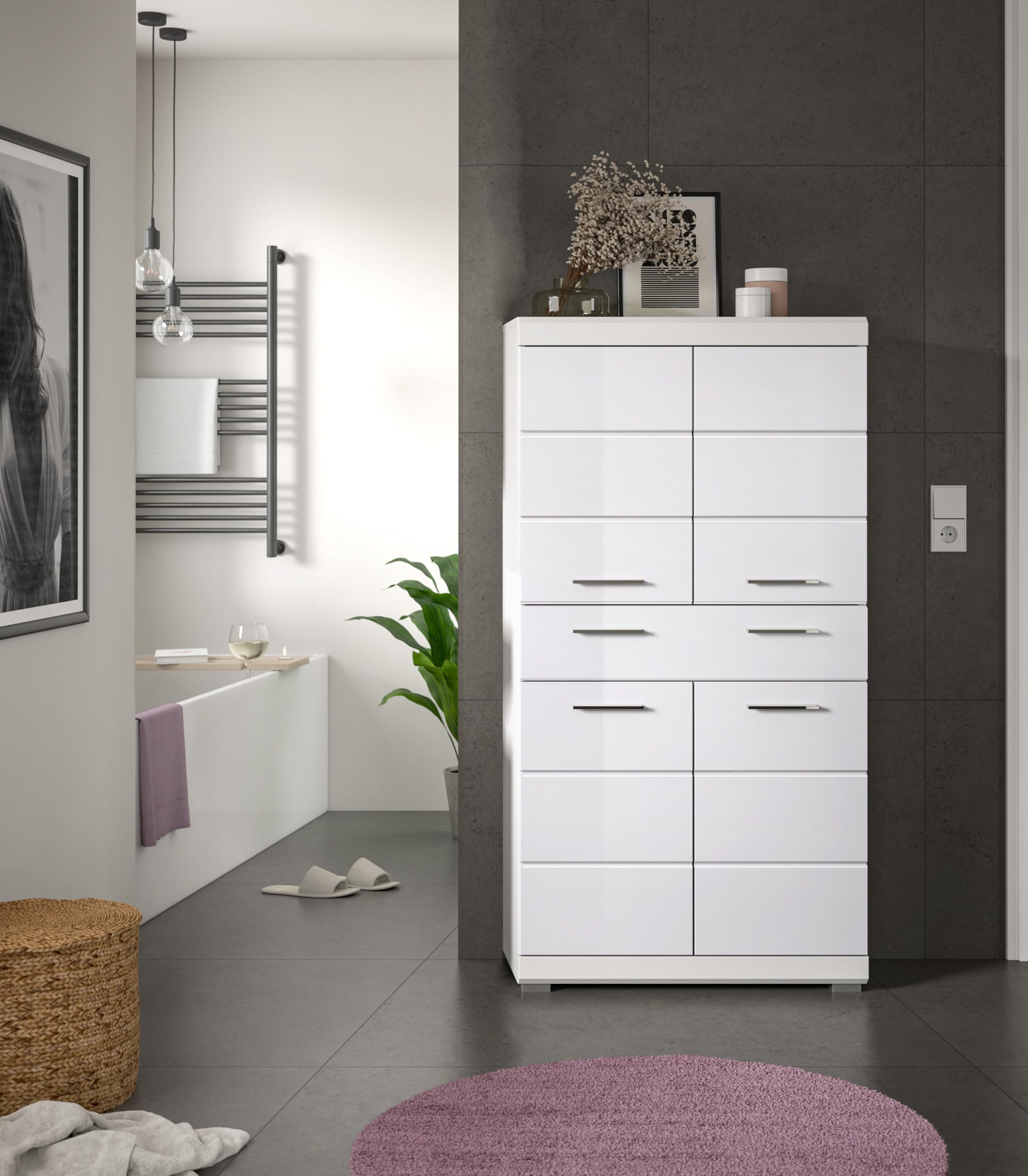 xonox.home - Badmidischrank Scout 74x141x31 cm in weiß und weiß Hochglanz - Badset Badmöbel Badezimmerkombination - Pflegeleichte Oberfläche einfache Montage – Bild 6