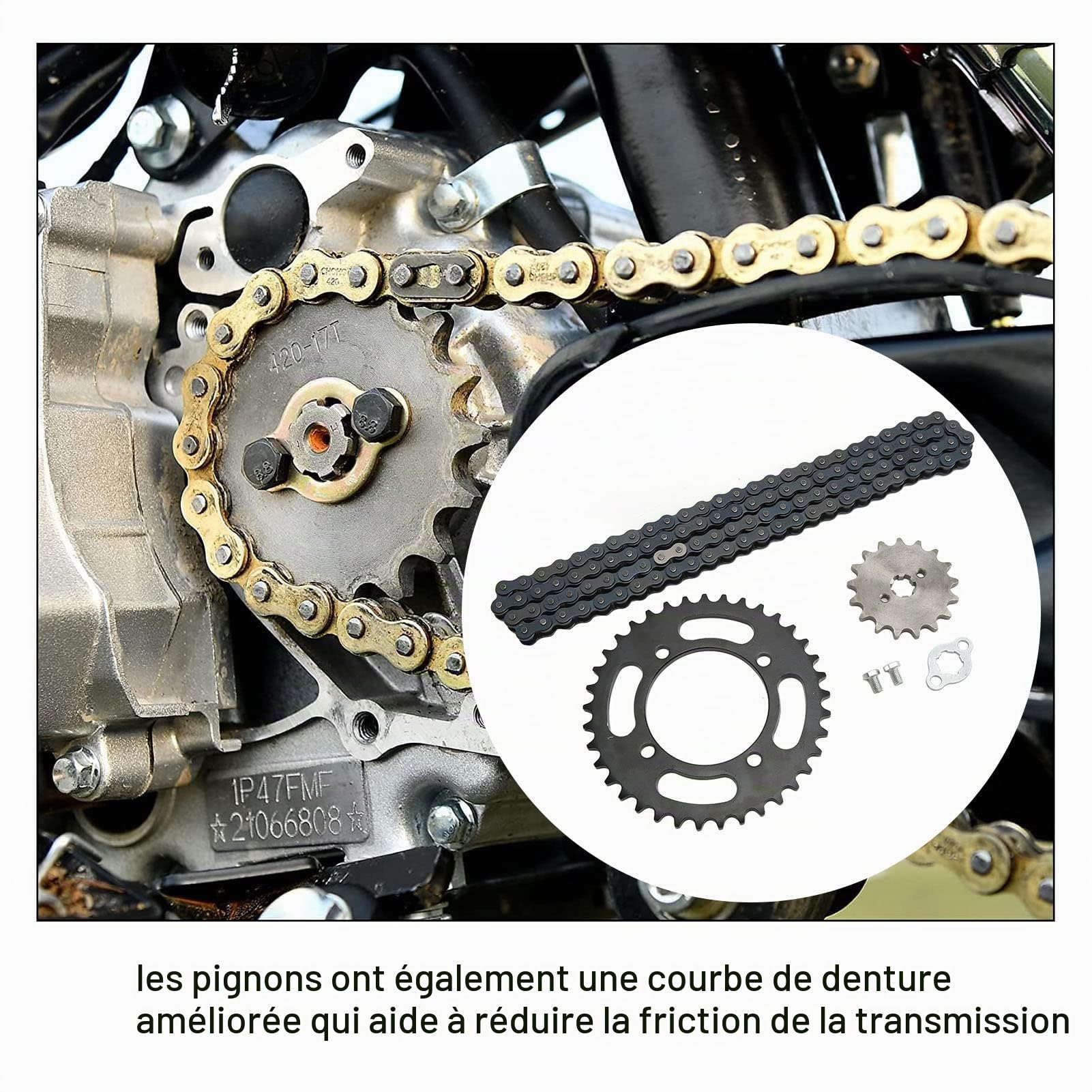 Chaîne 420 155 Mm 37 Dents Avant 420 17 Dents Arrière Universelle, Adaptée aux Motos Tout-Terrain de 50 à 125, Mini Motos, VTT et Karts à 4 Roues, avec Traitement Thermique