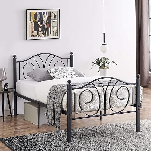 Miniatura 7 de VECELO Base de cama de tamaño matrimonial con cabecero, soporte de listones resistentes, base de colchón de plataforma metálica, no necesita somier,
