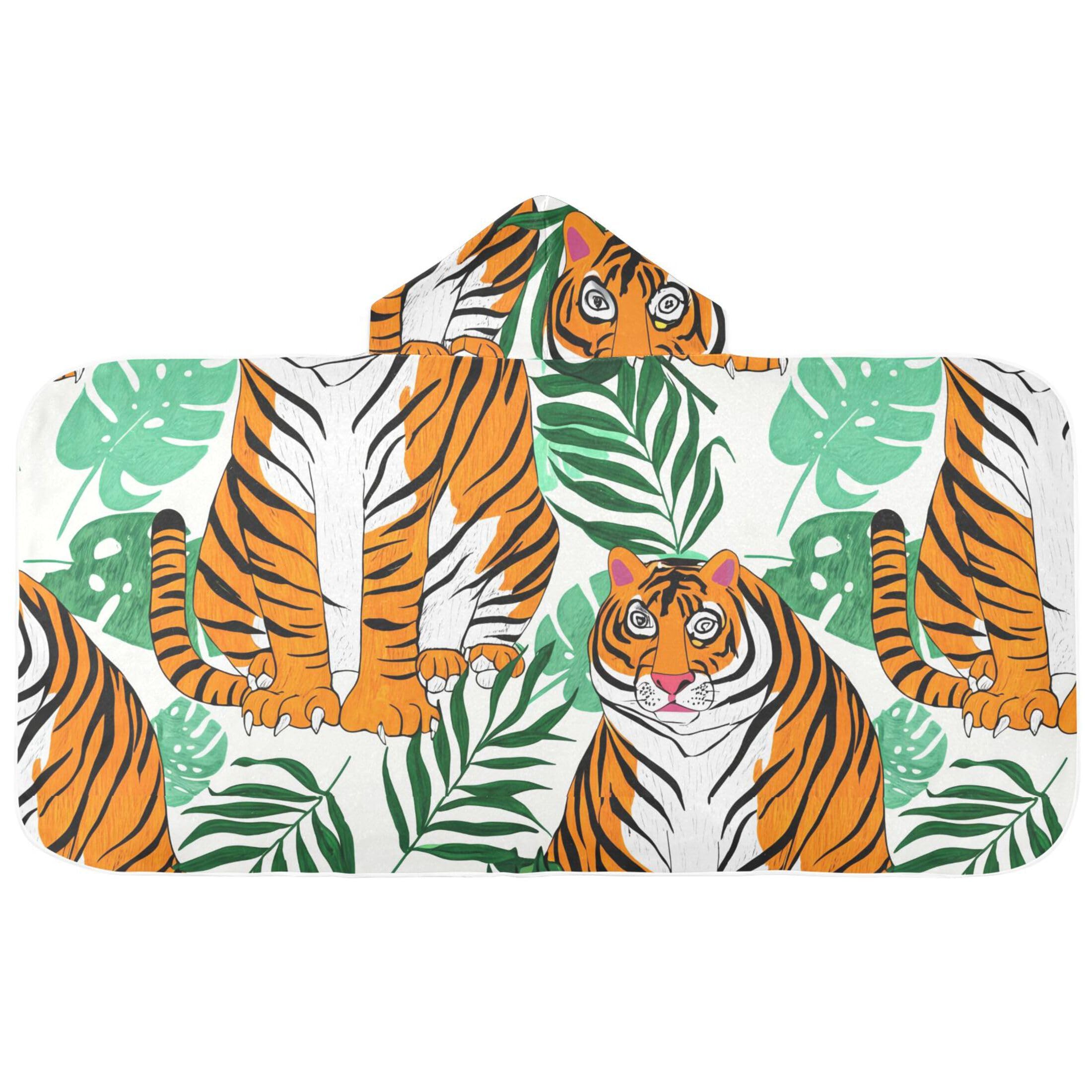 Burbuja Tigers Tropical Leaves Hooded Bath Towel for Kids, Soft Absorbent Plush Beach Towel Wrap for Girl Boy Shower 3-10 Yrs, 24x50 in