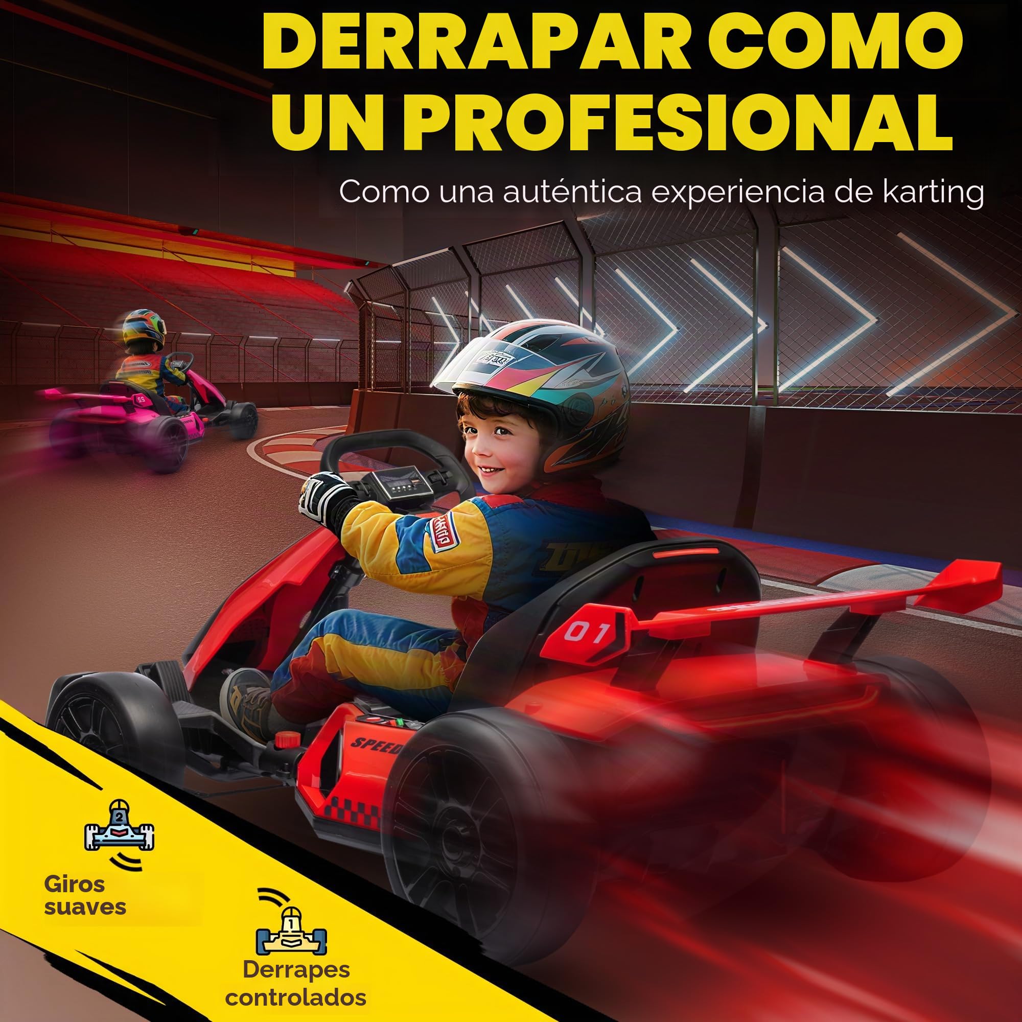 HOMCOM Kart eléctrico para niños 24V 2x150W luces LED Drift Música 2 velocidades asiento ajustable rojo