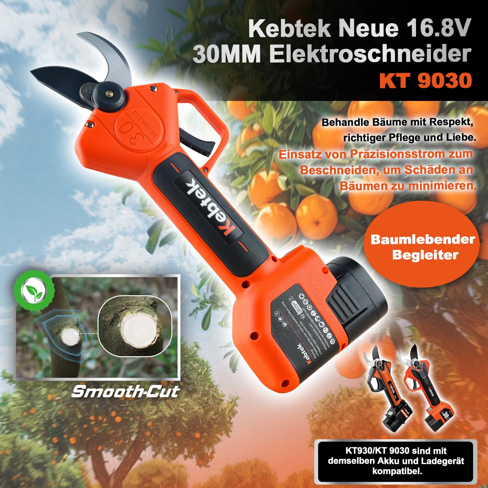 Kebtek Professionelle Akku Astschere 2025 NEU, 16.8V 30mm Elektrische Gartenschere Laufzeit Sicherheitsschalter, Gartenschere Heavy Duty für Baum, Ast & Rose(Nur Körper)