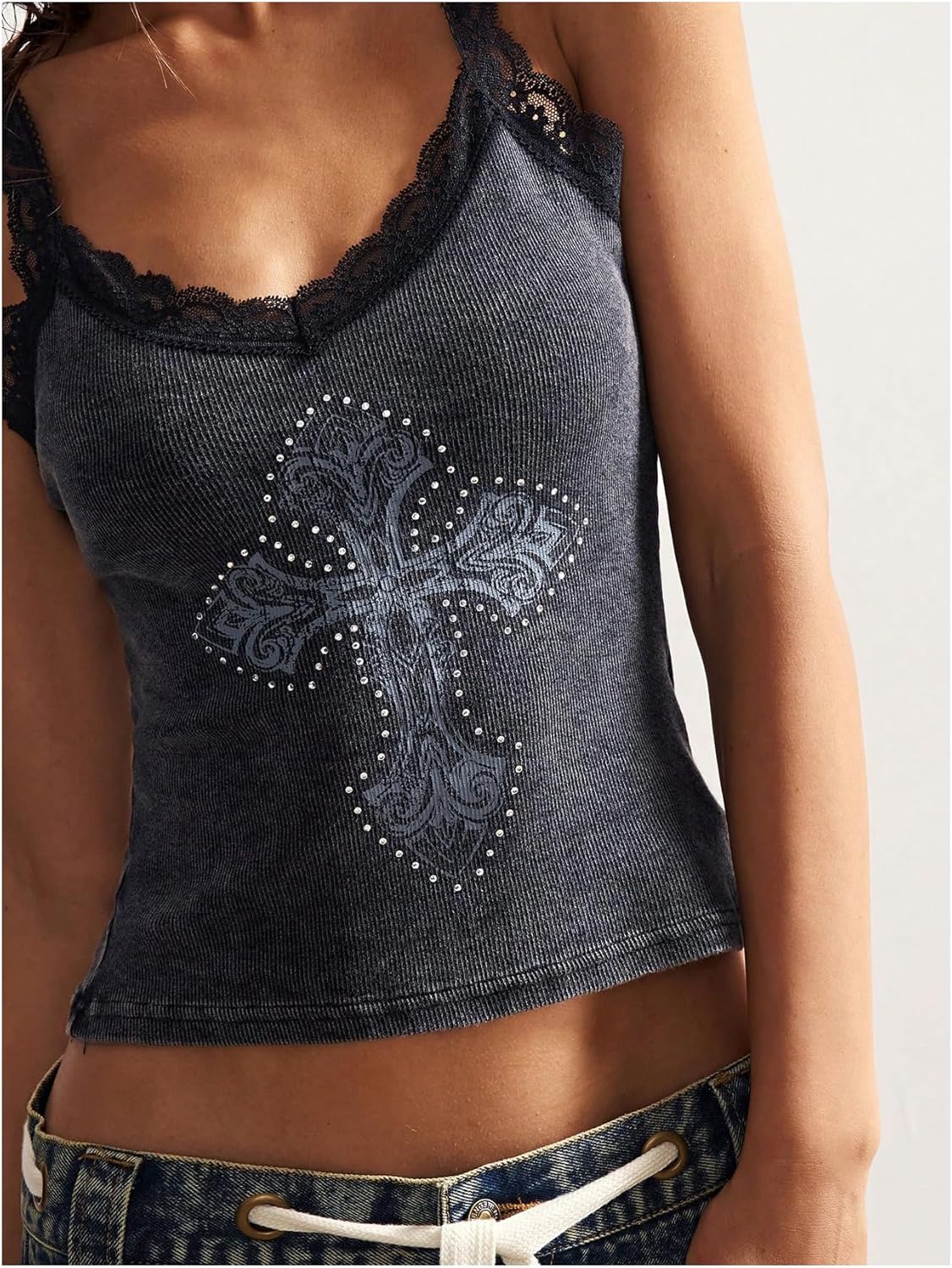 MakeMeChic Women's Lace Cross Print Camisole V Neck Sleeveless Y2k Goth Tank Crop Tops - Image 3