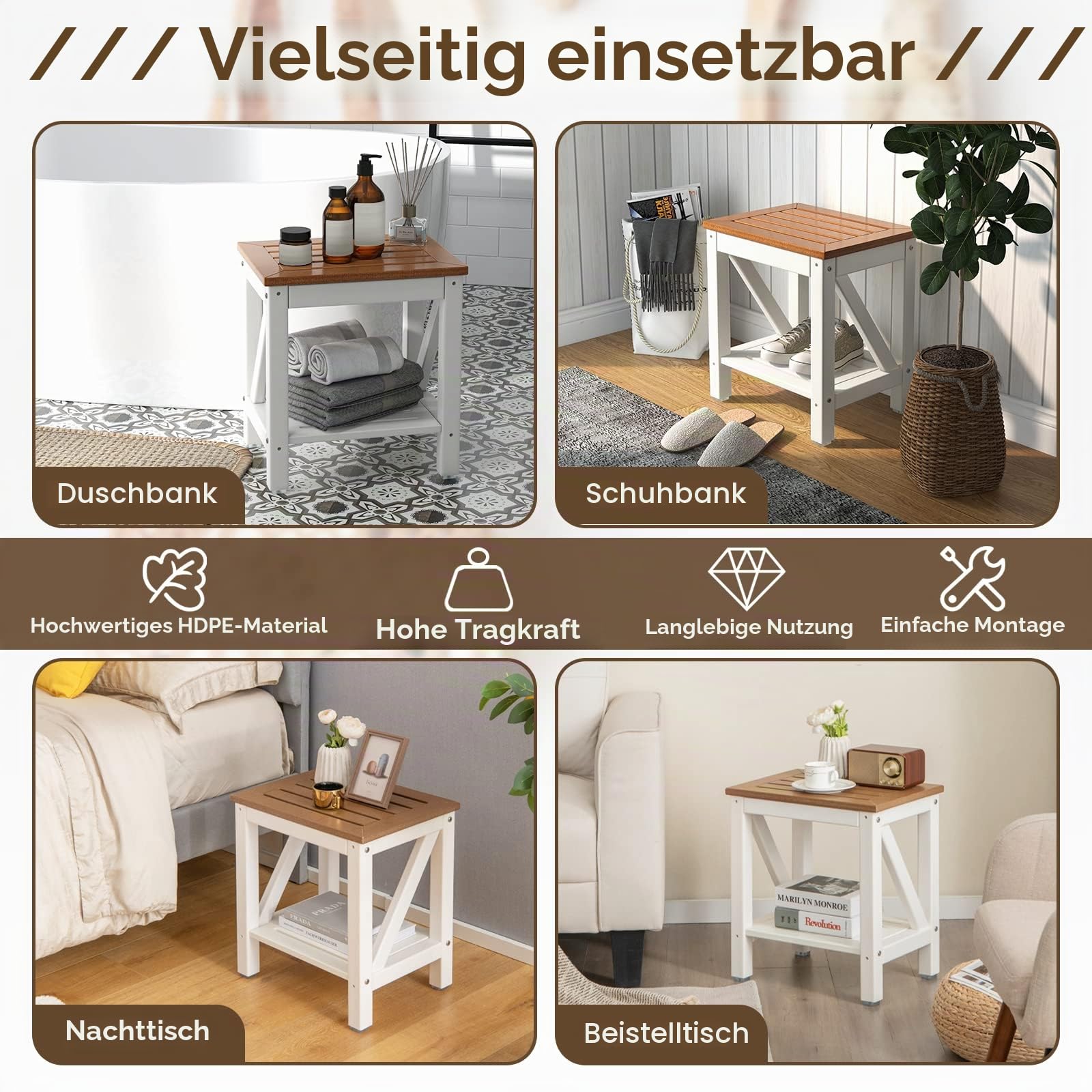 RELAX4LIFE Duschbank mit Ablage, Badhocker mit Rutschfesten Füßen, Duschstuhl bis 150 kg Belastbar, Sitzbank Wasserdicht, Badezimmerbank für Alte Schwangere, Weiß+Braun (43 x 32 x 47 cm)