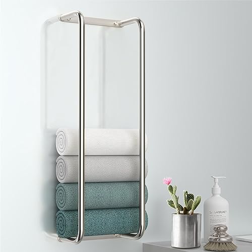 Toallero de baño de acero inoxidable montado en la pared y organizador para toallas enrolladas, ideal para baños pequeños modernos con espacio