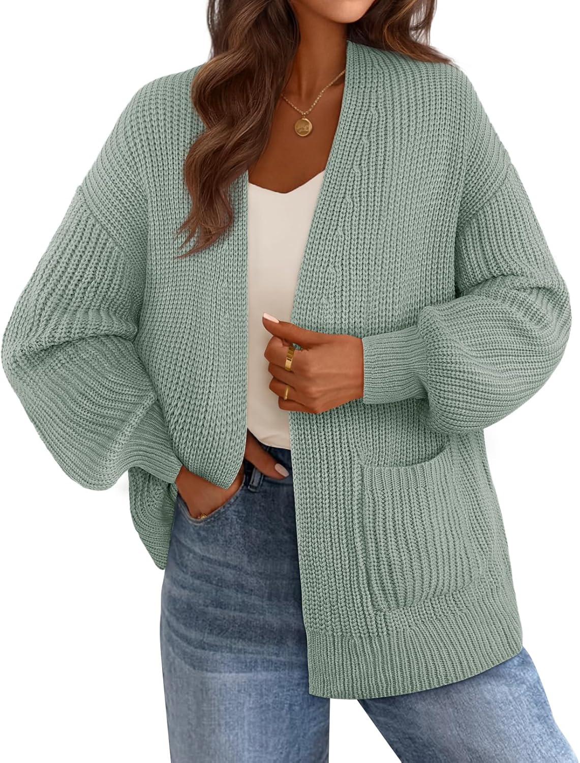 MEROKEETY Women's 2025 Open Front Chunky Cardigans Lantern Long Sleeve Oversized Knit Outwear with Pocket