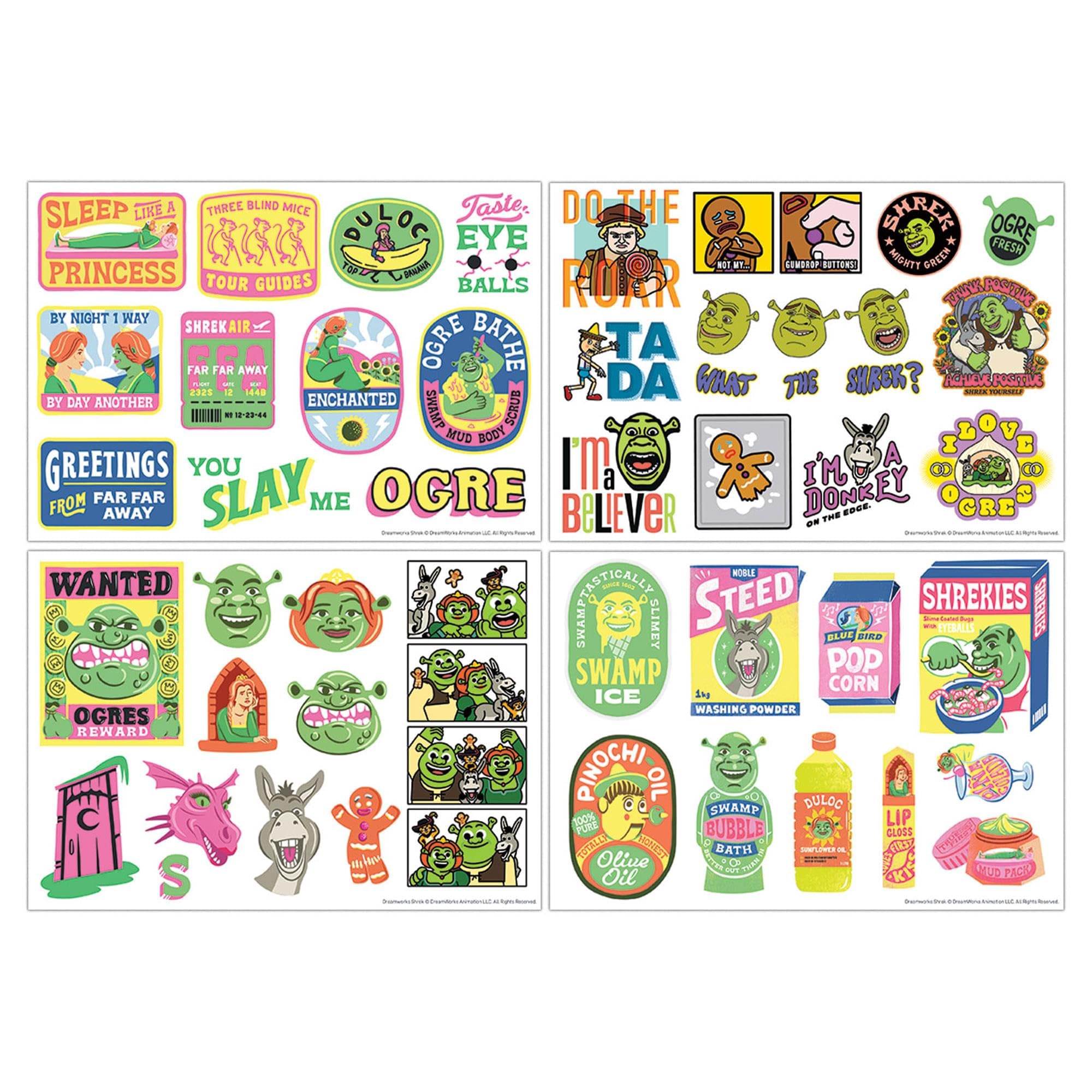 Shrek Tech Decal Stickers – 48 Reusable Vinyl Stickers Across 4 Sheets – Officially Licensed Laptop & Phone Decals