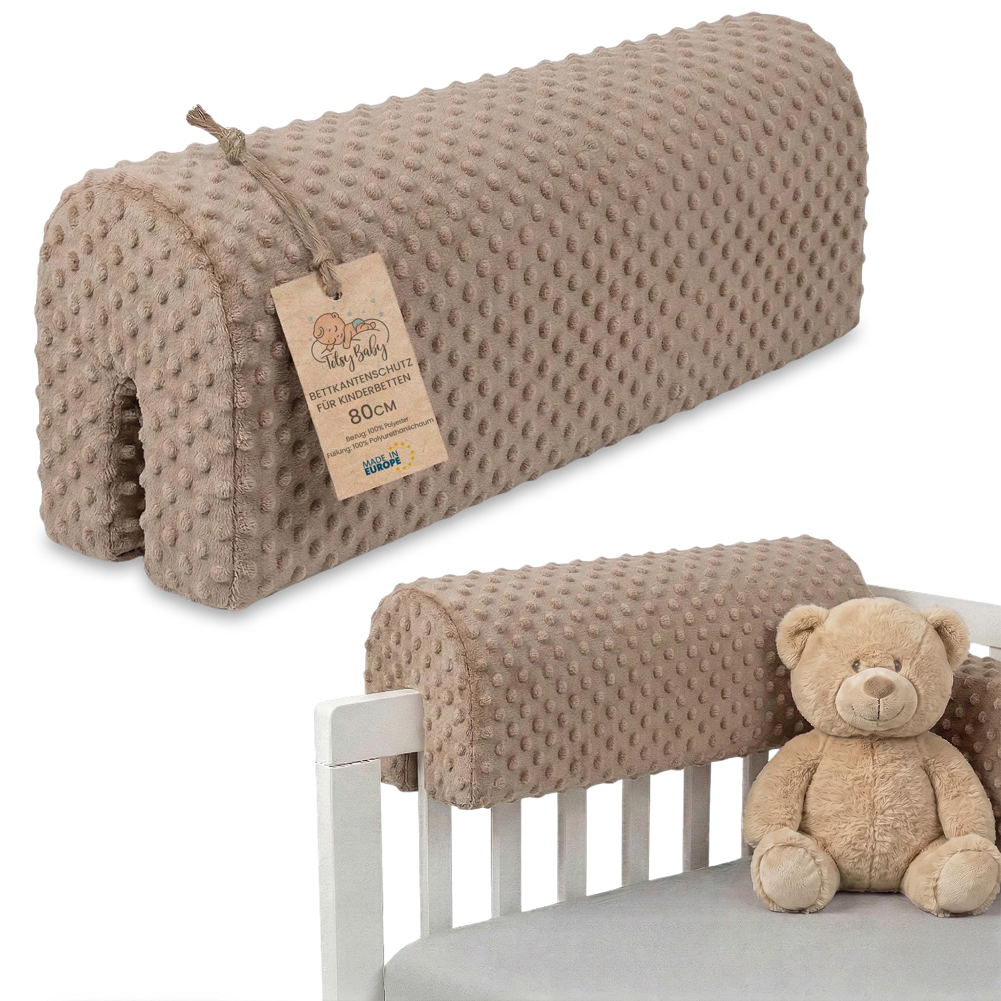 Bed Edge Guard Kids Rail Frame Protector Box Spring Safety Barrier 80 cm - Baby Fall Shield with Removable Cover Cushion for Children Toddler Crib Brun Beige