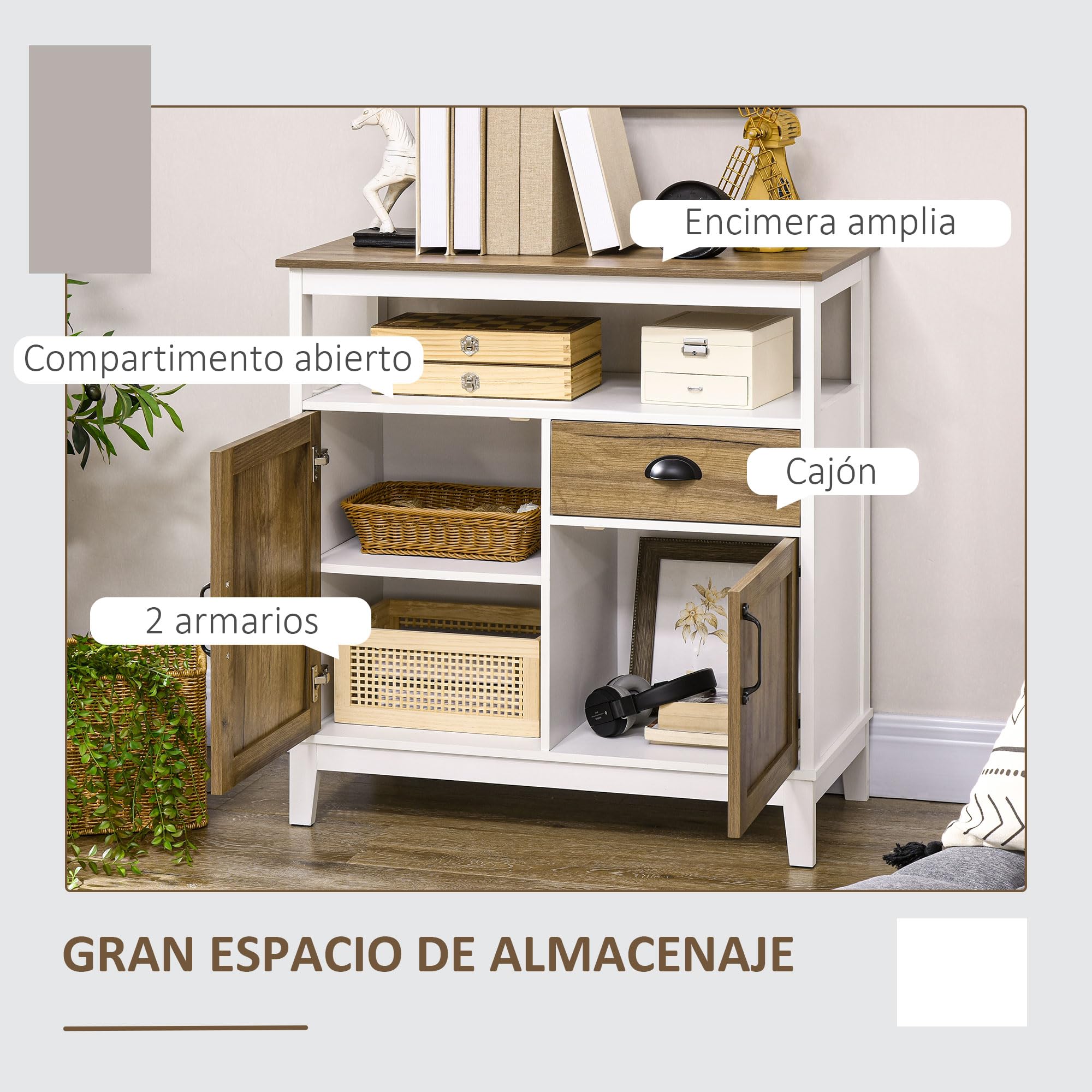HOMCOM Aparador de Salón 2 Puertas Cajón 76,6x35x81,5 cm Blanco y Marrón | Armario Almacenaje de Madera, Estante Ajustable, para Comedor Cocina Dormitorio