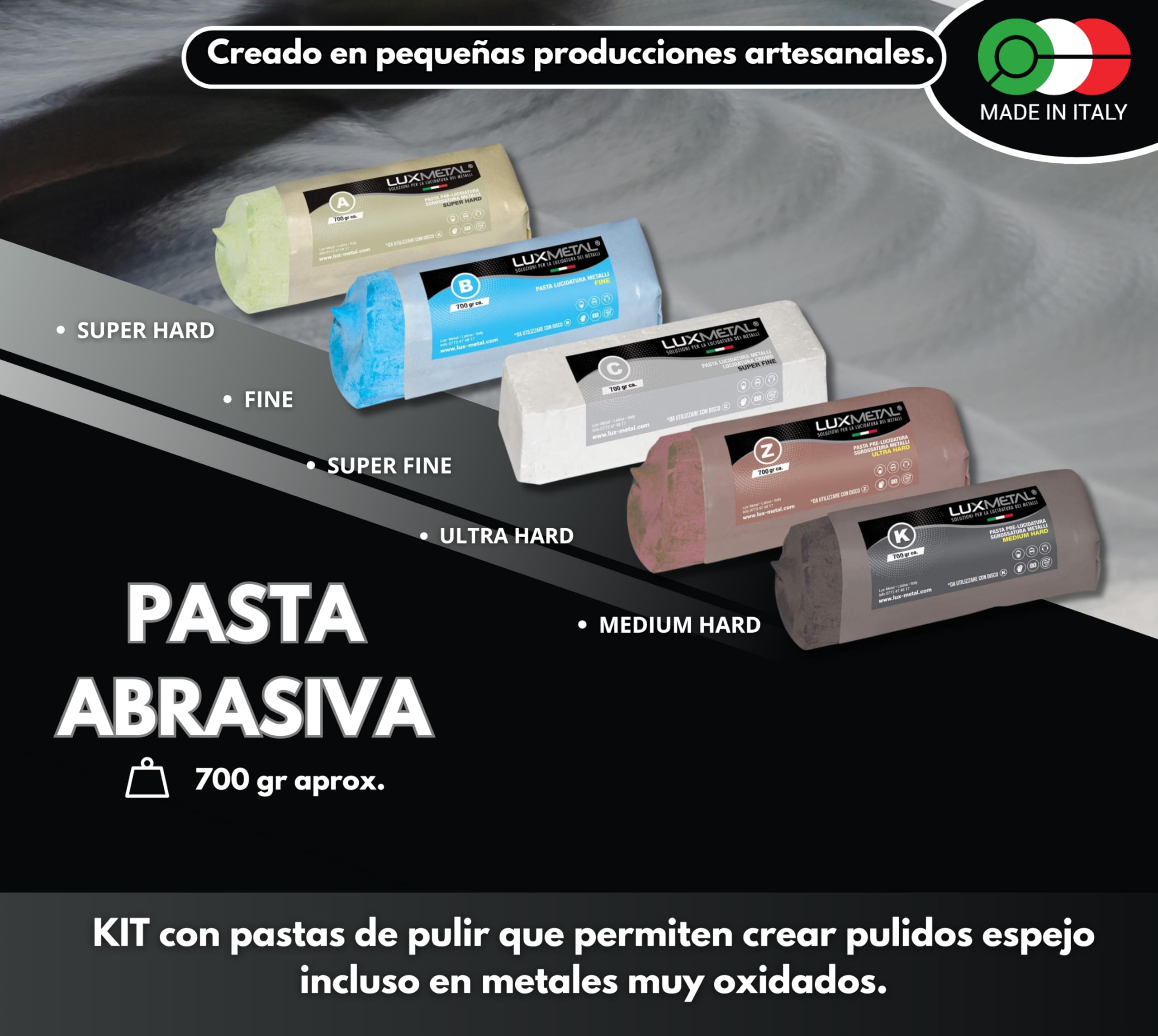 Lux Metal Kit 5 Pasta abrasiva pulido 700 gr A-B-C-Z-K Set Pulido Acero Inoxidable Cera sólida para Pulido Metales Espejo Aluminio Pulido Cromo Plexiglass Mármol Latón Cobre Plástico