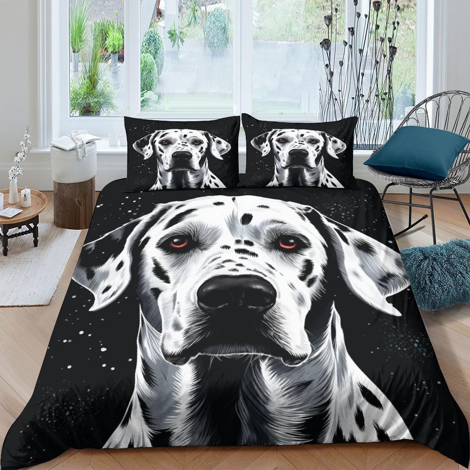 Parure de lit microfibre dalmatiens 220x240cm avec housse de couette 3D et taie d'oreiller