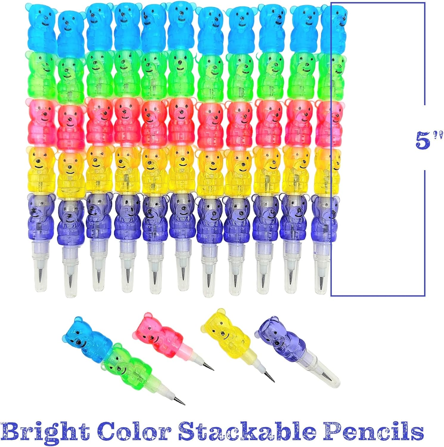 Zugar Land Colorful Transparent Stackable Bear Shaped Pencils (5") Fine Point Already Sharpened Ready to Use! 5 Parts and 5 Colors Each! Plastic. Party Favor, School Supplies (48)