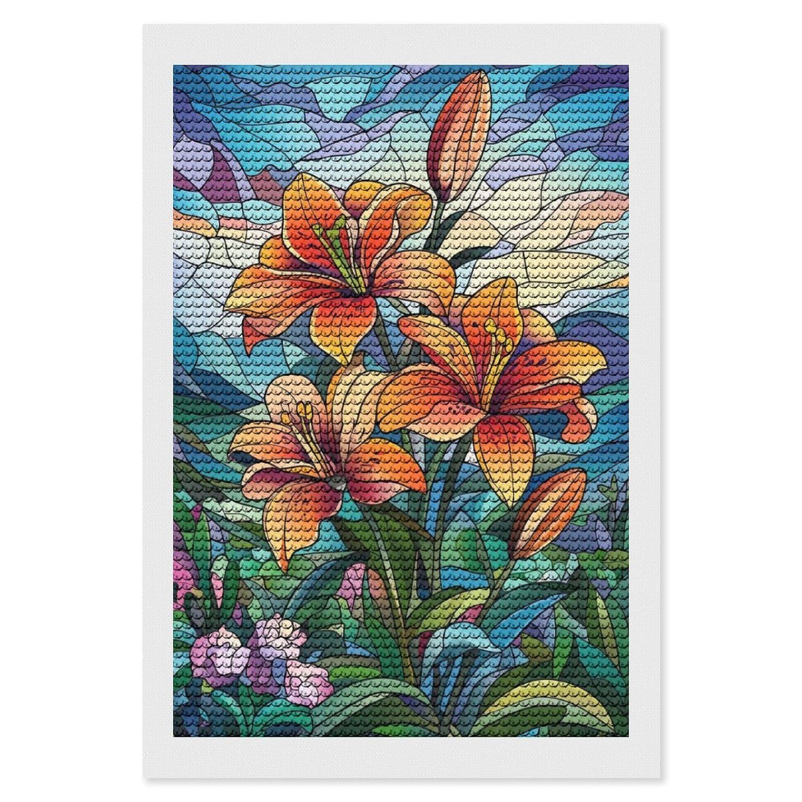 Junmoney Stained Glass Lilies Diamond Painting Set 8"x12", for Adults, Decorate Your Room, Thoughtful Handmade Gift, Boho Decor, with Tool Kit