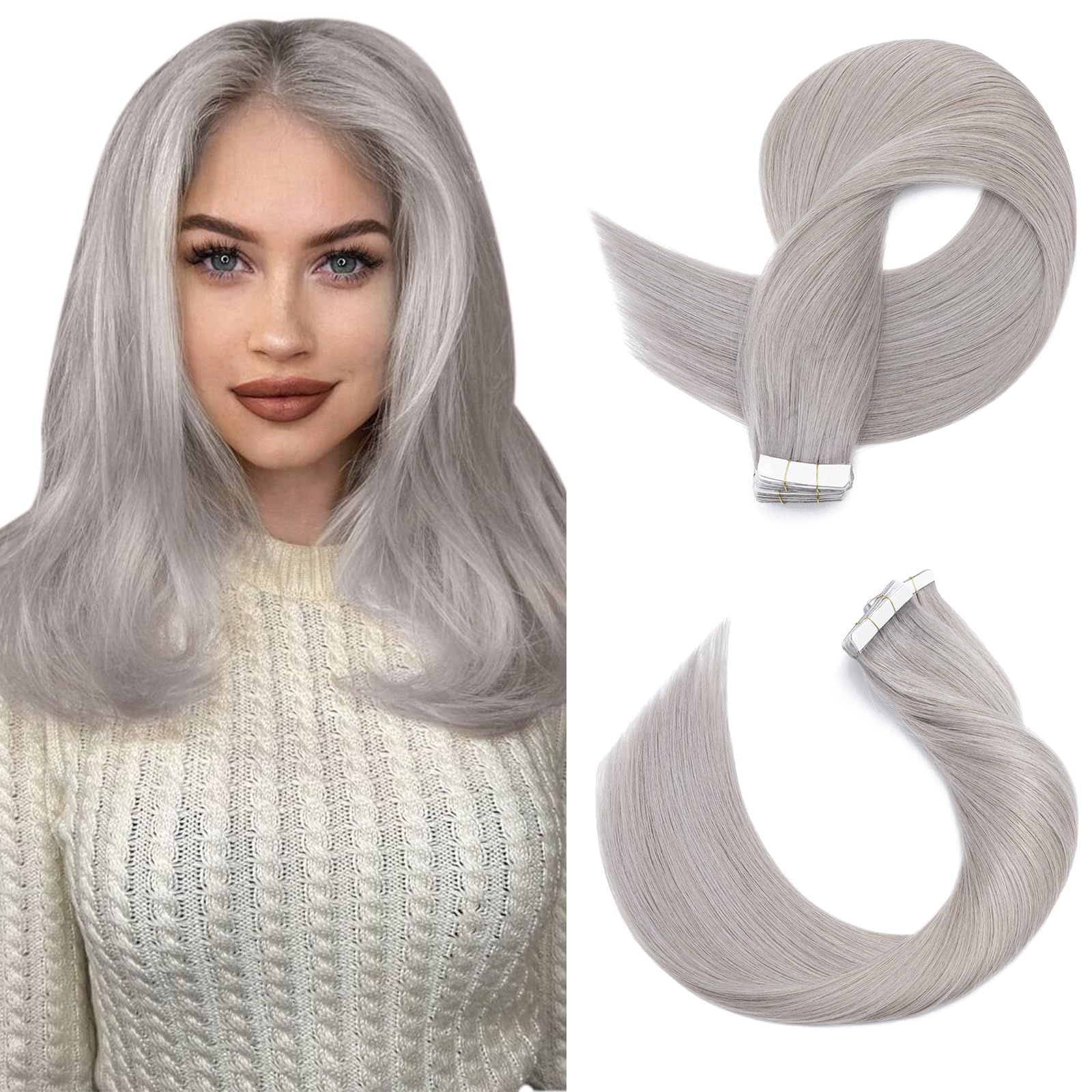 SEGOHAIR Tape in Hair Extensions Human Hair, 12" Invisible 10Pcs Real Hair Straight Natural Remy Tape Hair Extensions - Grey