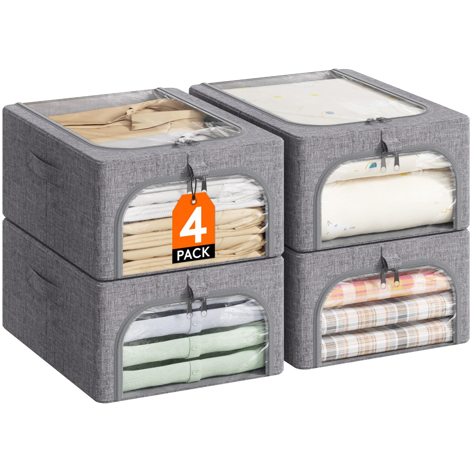 Lifewit Clothes Storage Bins with Metal Frame 3 Pack, Fabric Stackable Storage Bags with Lids, Zipper, Foldable Clost Organizers Containers for