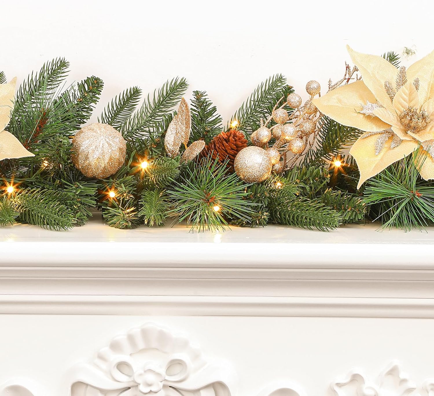 SHareconn 6FT Prelit Christmas Garland Decorations with Multi-Color LED Lights, Battery-Operated Timer, Lighted Garland with Ball Poinsettia for MantleTable Fireplace Stairs Railing Indoor Decor