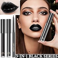 Vista 2 de Juego de 3 lápices labiales y delineador de labios líquido mate negro mate, alto pigmentado, brillo de labios, juego de delineadores de labios