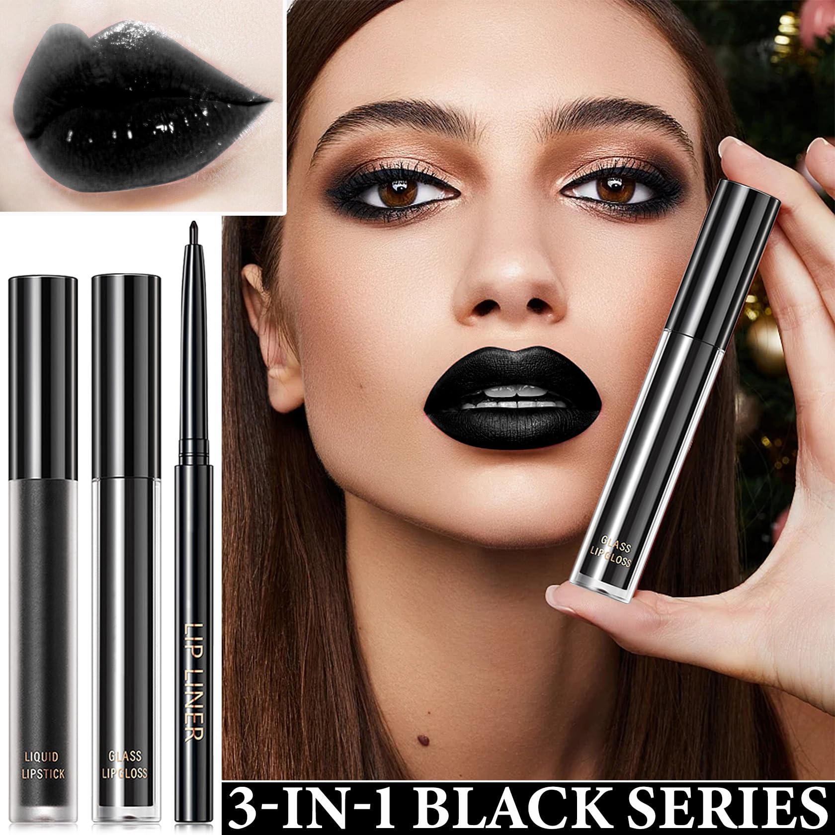 Set mit 3 flüssigen Lippenstiften und Eyelinern, schwarz, matt, hochpigmentiert, schwarzer Lipgloss, seidig, wasserfest, lang