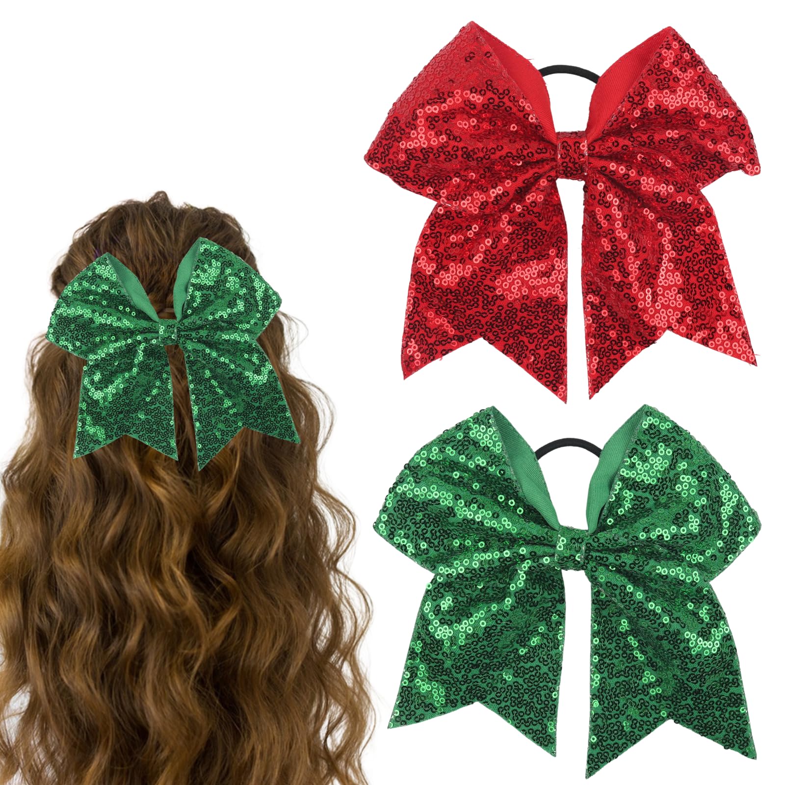 2 Pcs Christmas Hair Bows Green Red Sequin Cheer Bow Ties Elastic Hair Tie Cheerleader Ponytail Holder Christmas Hair Accessories for Women Girls Xmas Hair Decoration