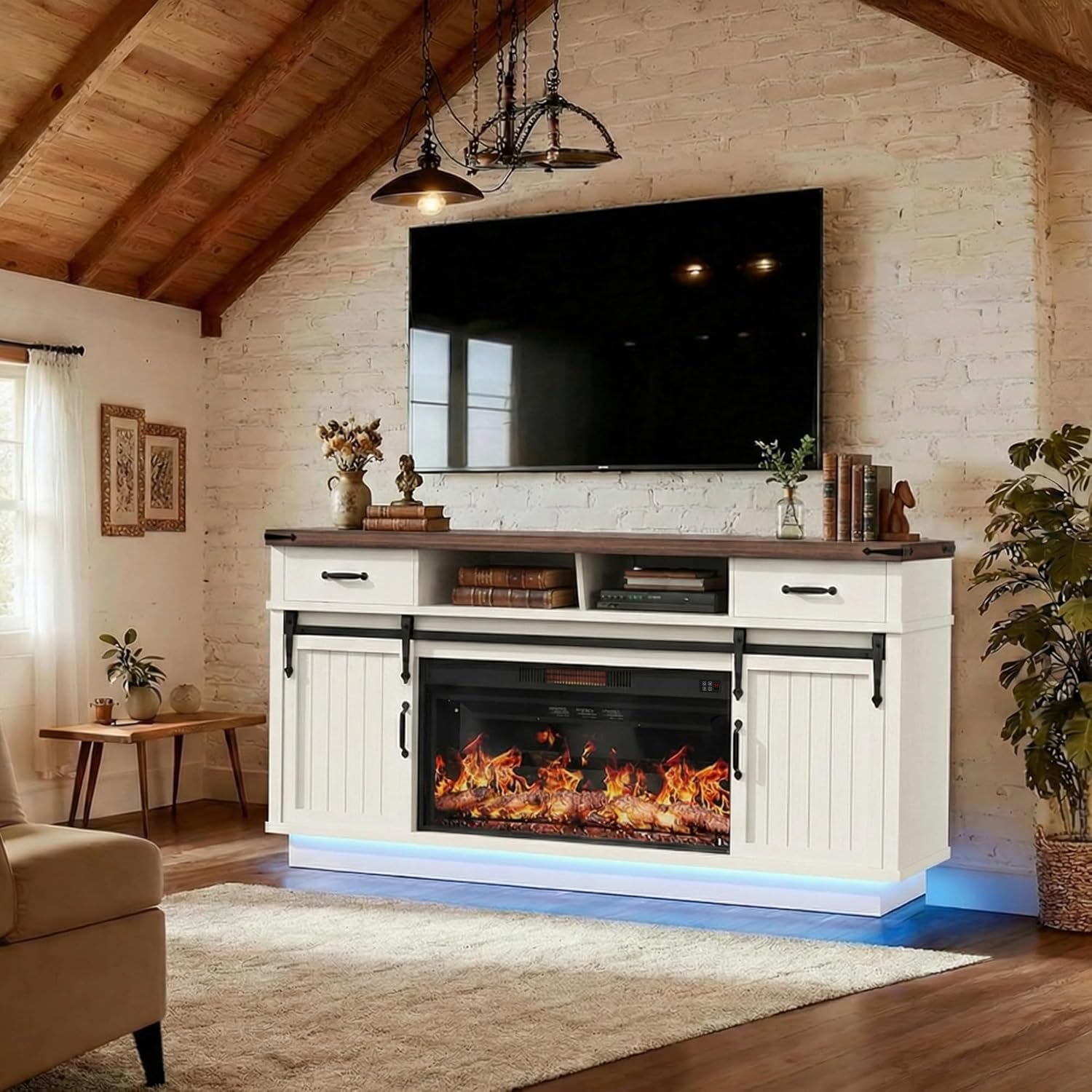 Fireplace TV Stand for TVs up to 65", Electric Fireplace with 3D Flame, Farmhouse LED Light Entertainment Center TV Console with with 2 Drawers, Sliding Barn Door for Living Room - White