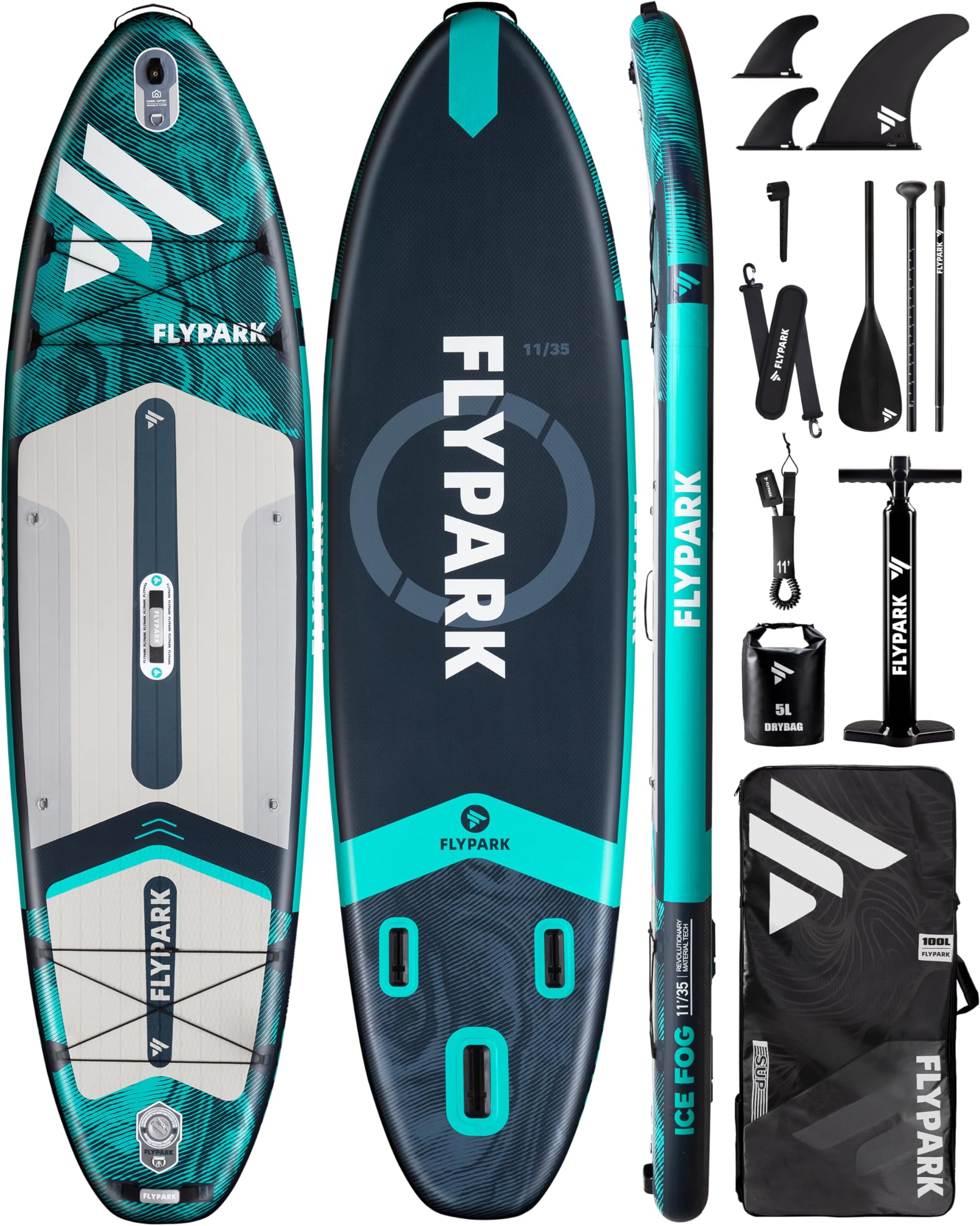 Flypark 10'8/11'x35'' Fishing/Family Inflatable Paddle Board, Extra Wide SUP Paddleboard Inflatable, Stable Stand-Up Paddle Board, Camera Mount, Shoulder Strap, 2 Fish mounts, Rod Hold, Kayak seat