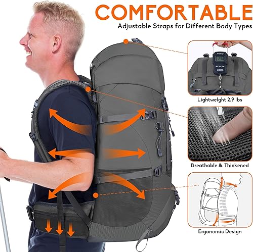 Miniatura 4 de Mochila de senderismo impermeable de 50 l60 l, mochila de camping con cubierta de lluvia, mochila de alto rendimiento para senderismo, viajes,